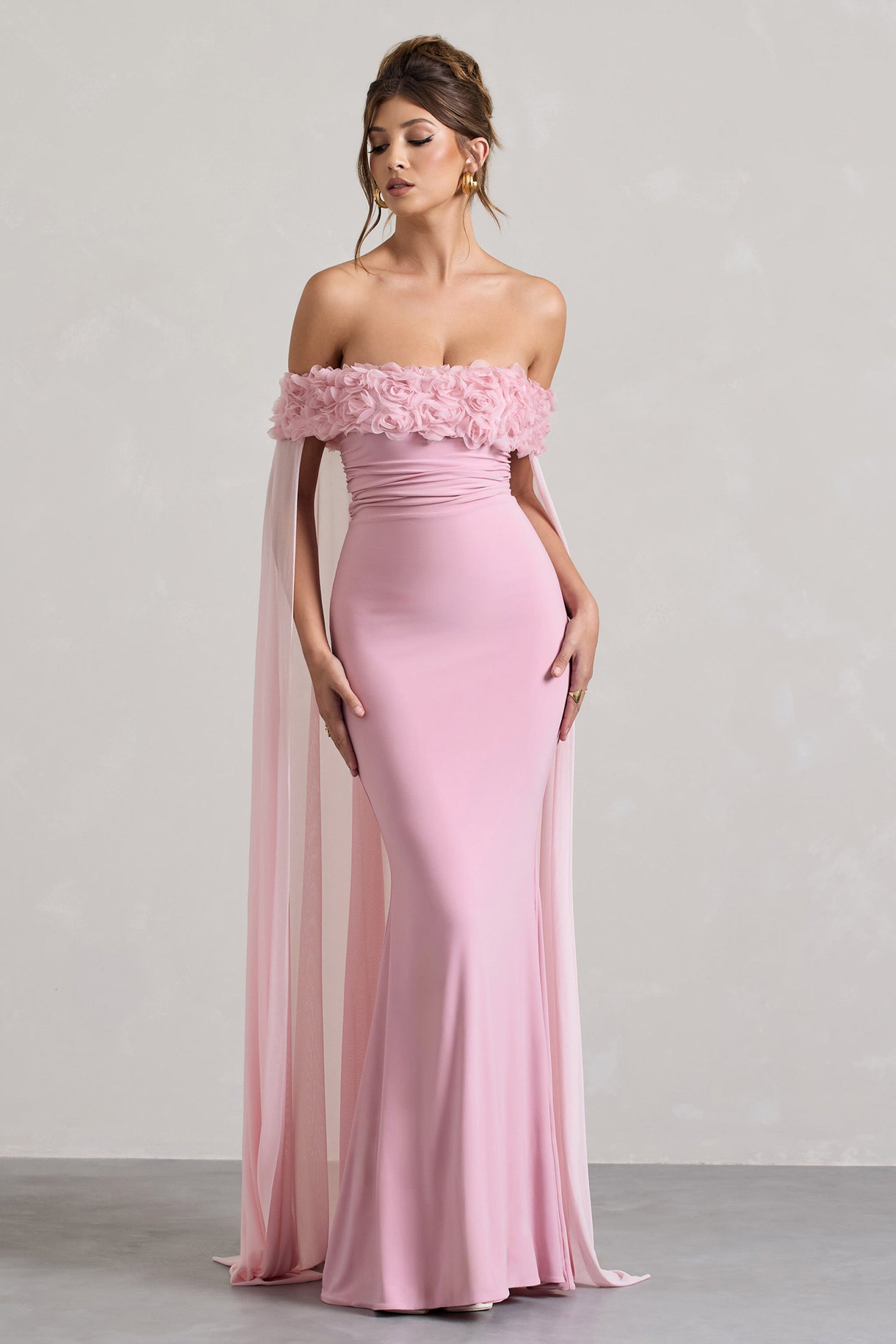 Avant Garde | Blush Pink Floral Bardot Fishtail Maxi Dress With Mesh Cape - Club L London - USA