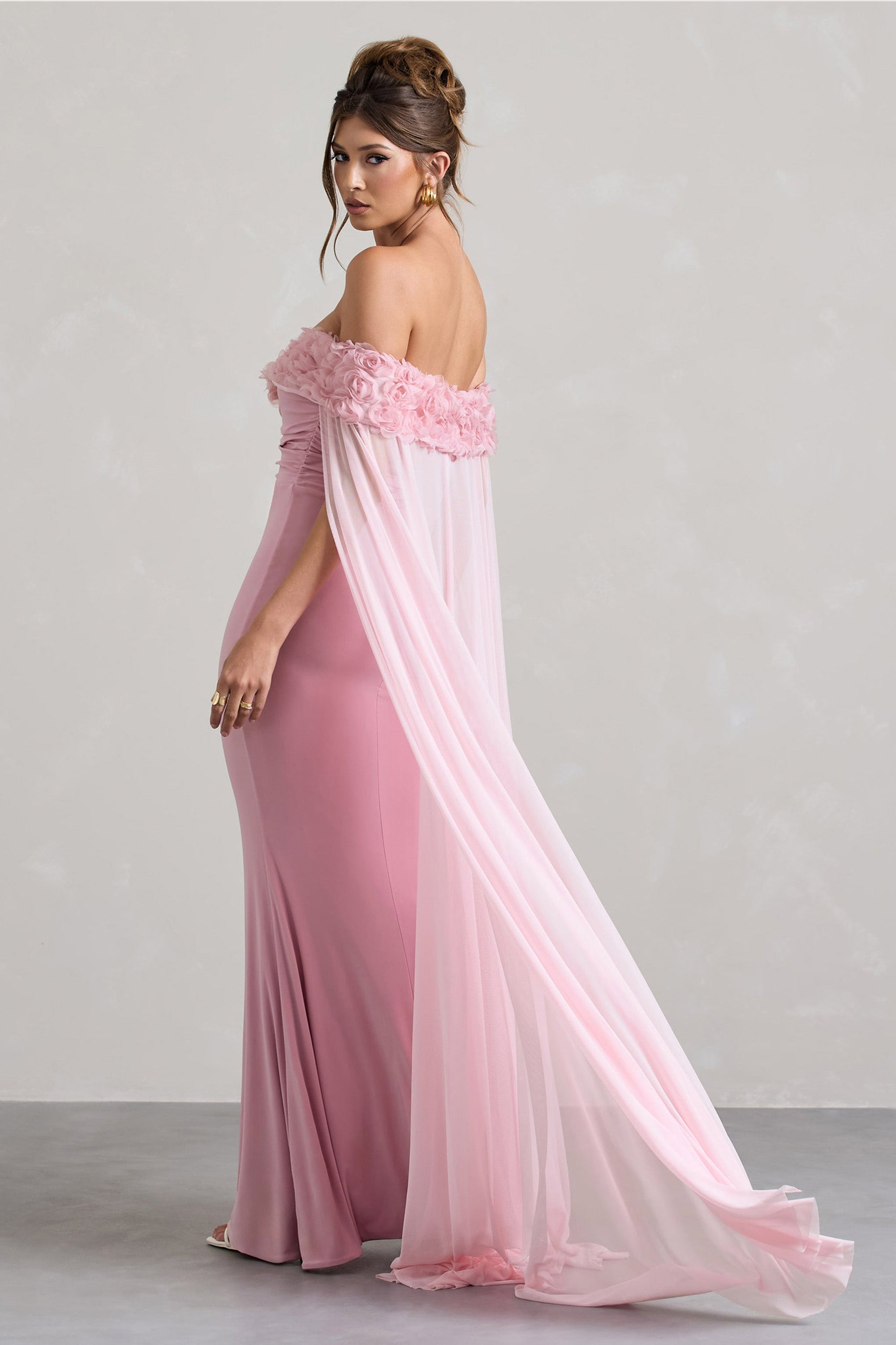 Avant Garde | Blush Pink Floral Bardot Fishtail Maxi Dress With Mesh C – Club L London