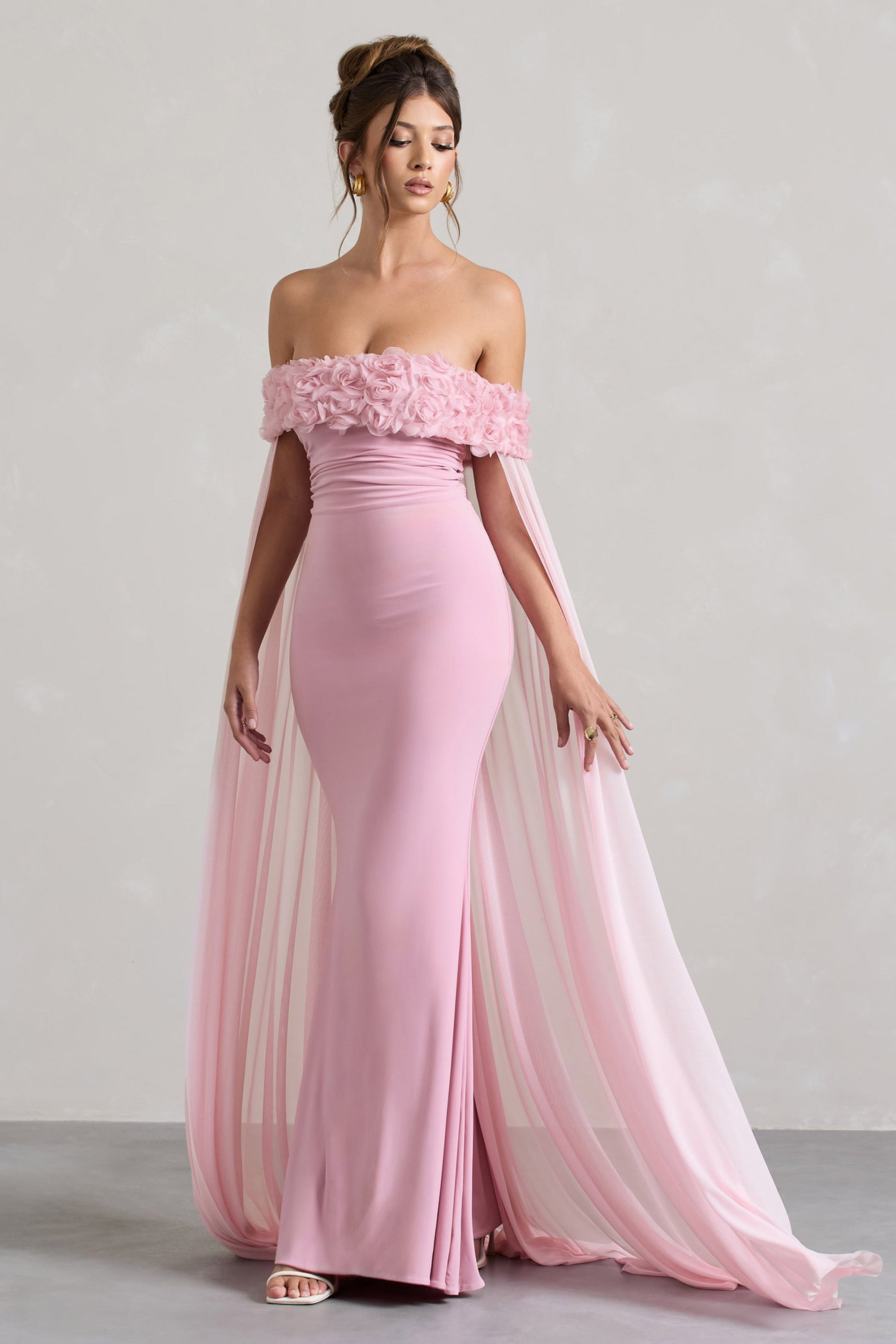 Avant Garde | Blush Pink Floral Bardot Fishtail Maxi Dress With Mesh C – Club L London