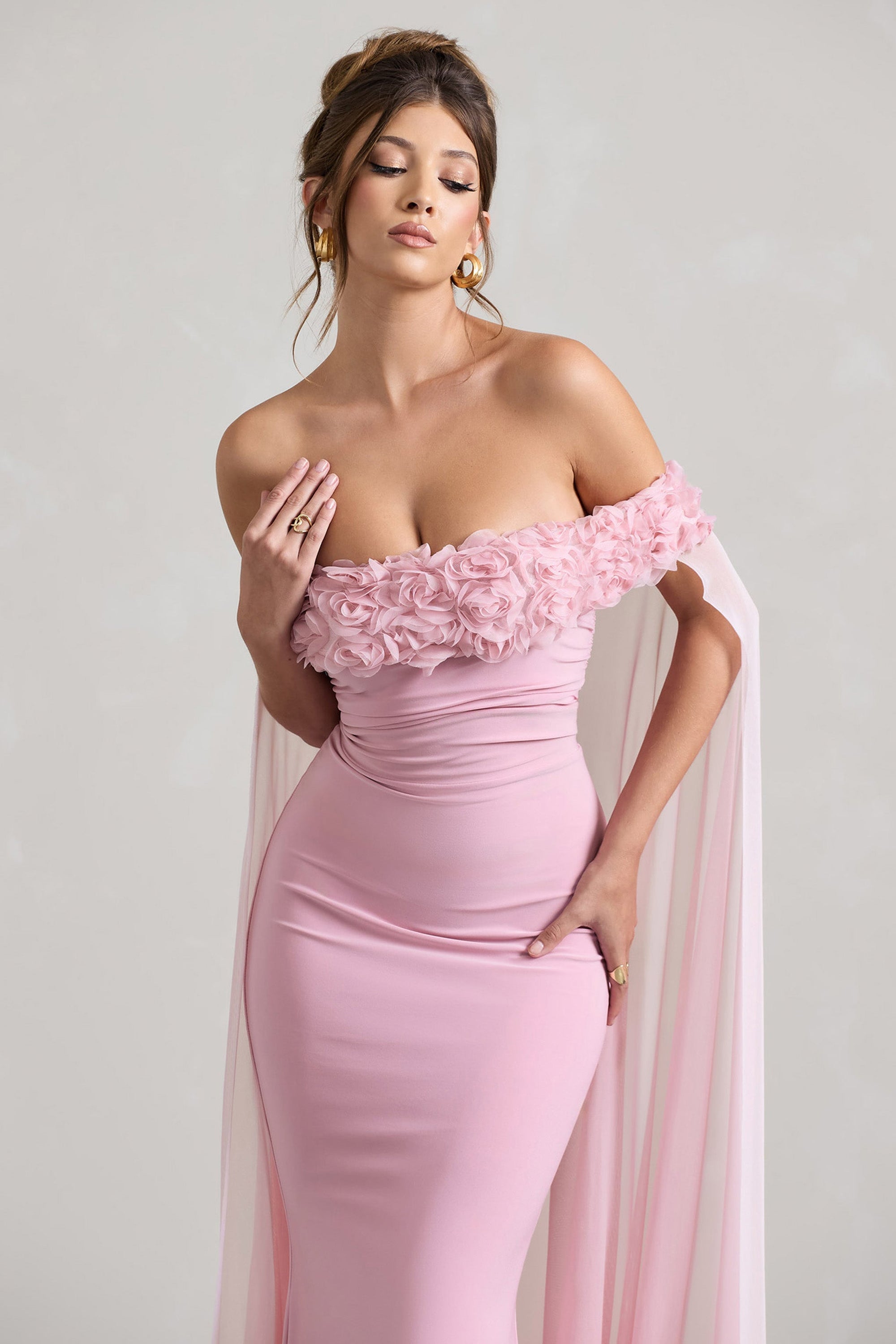 Avant Garde | Blush Pink Floral Bardot Fishtail Maxi Dress With Mesh Cape - Club L London - USA