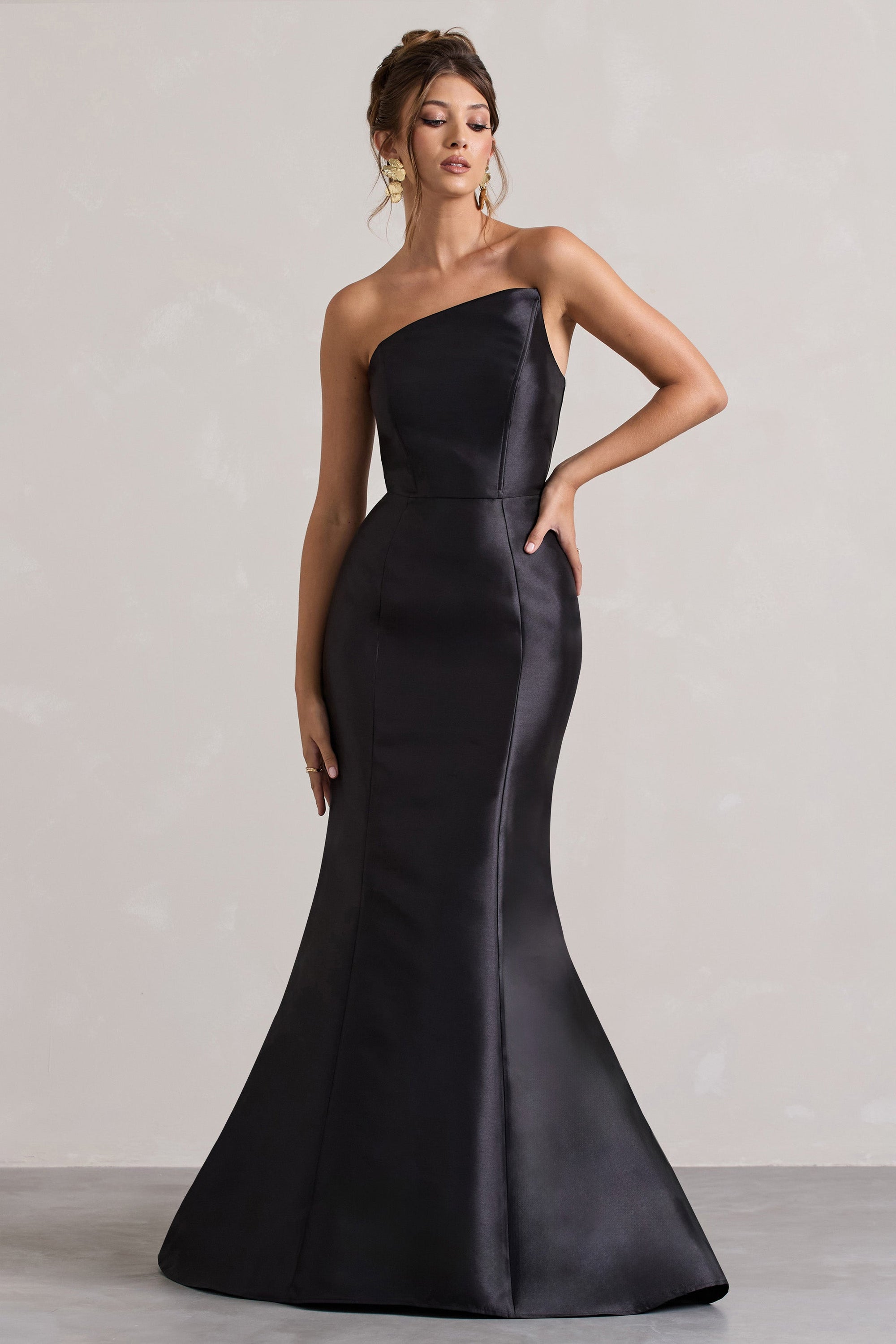 Define | Black Satin Asymmetric Fishtail Maxi Dress - Club L London - USA