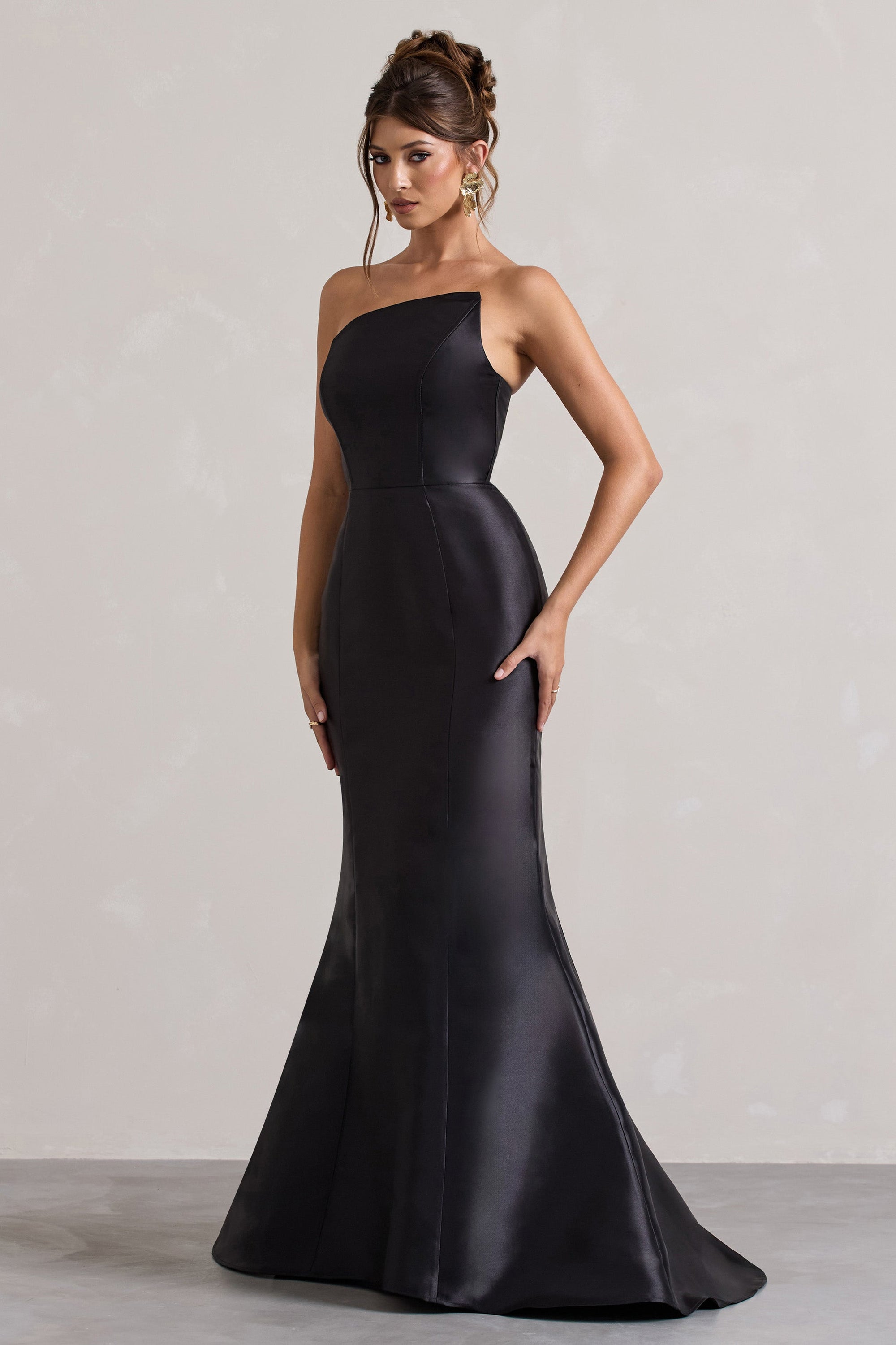 Define | Black Satin Asymmetric Fishtail Maxi Dress - Club L London - USA