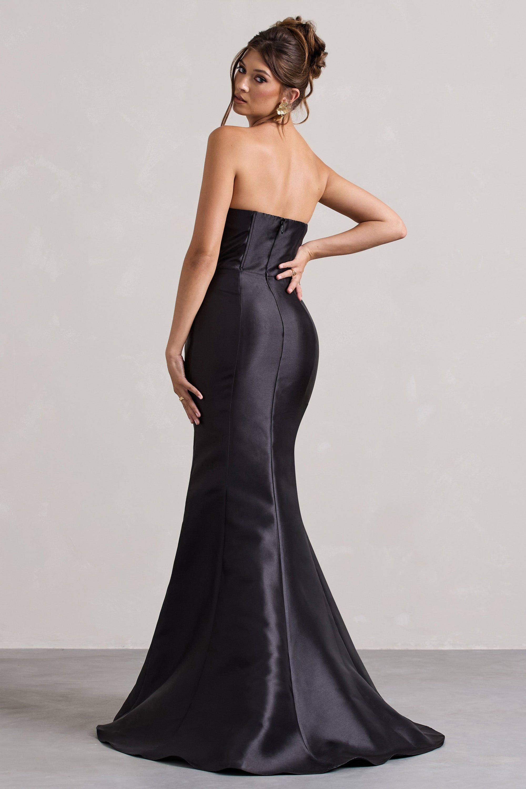 Define | Black Satin Asymmetric Fishtail Maxi Dress - Club L London - USA