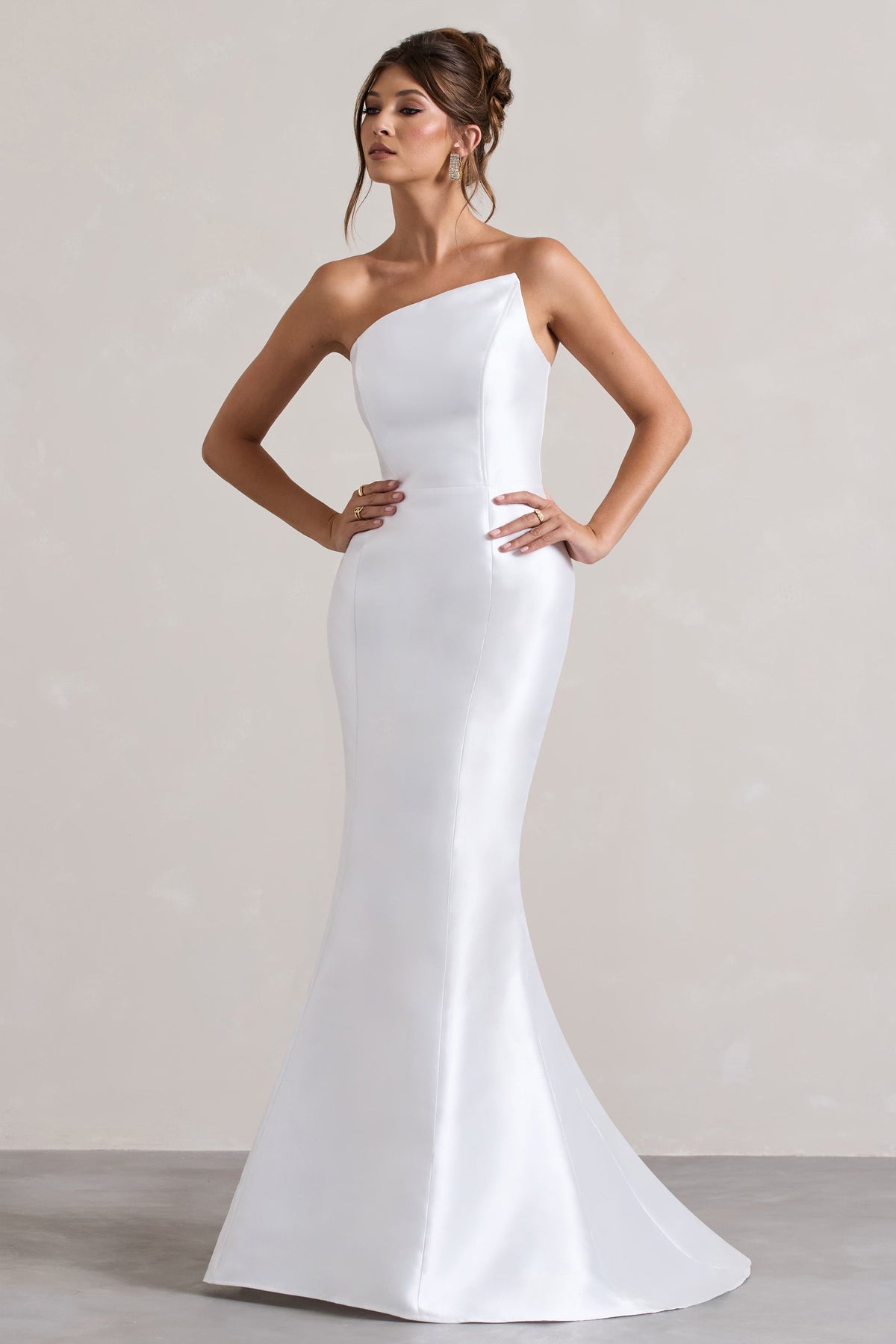 Define | White Satin Asymmetric Fishtail Maxi Dress