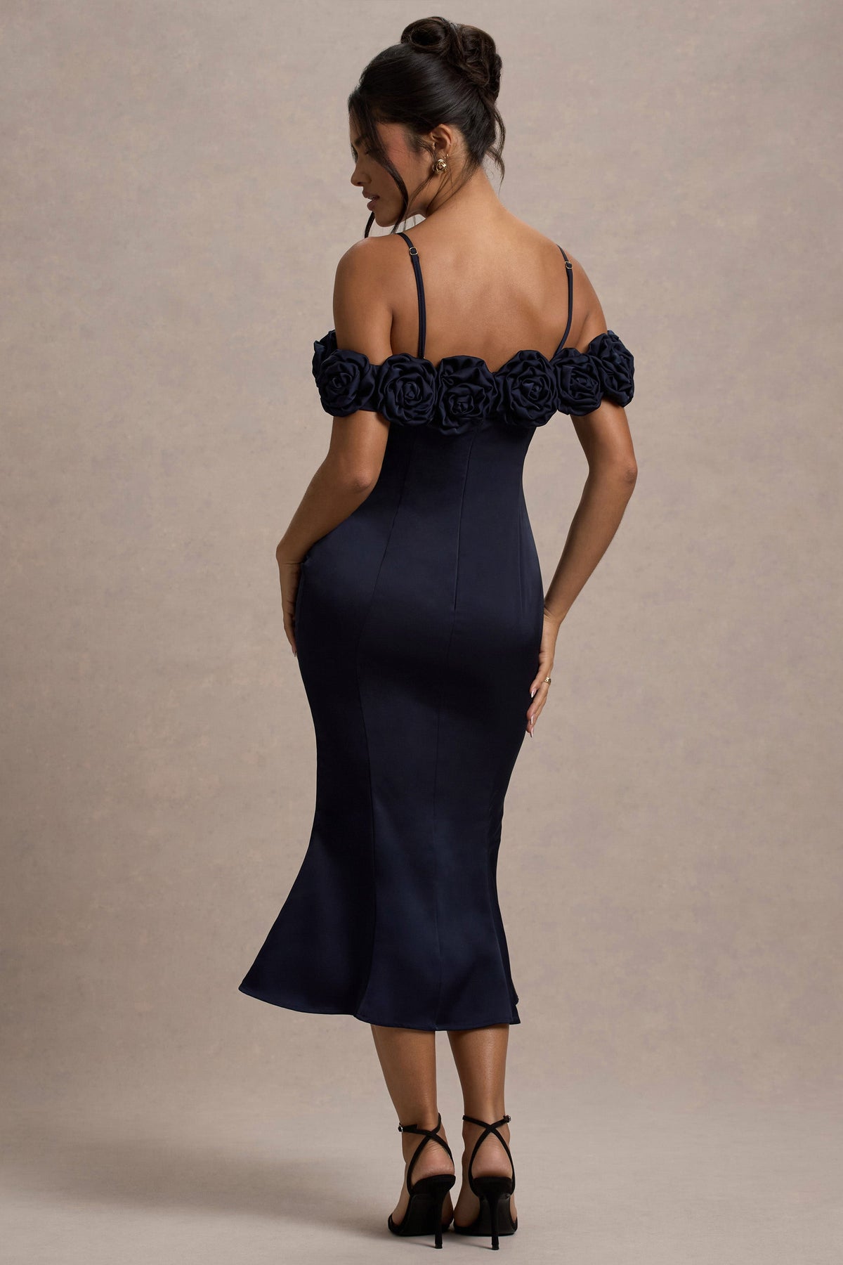 Petunia Navy Satin Floral Bardot Midi Dress Club L London - USA Petunia Navy Satin Floral Bardot Midi Dress Club L London - USA