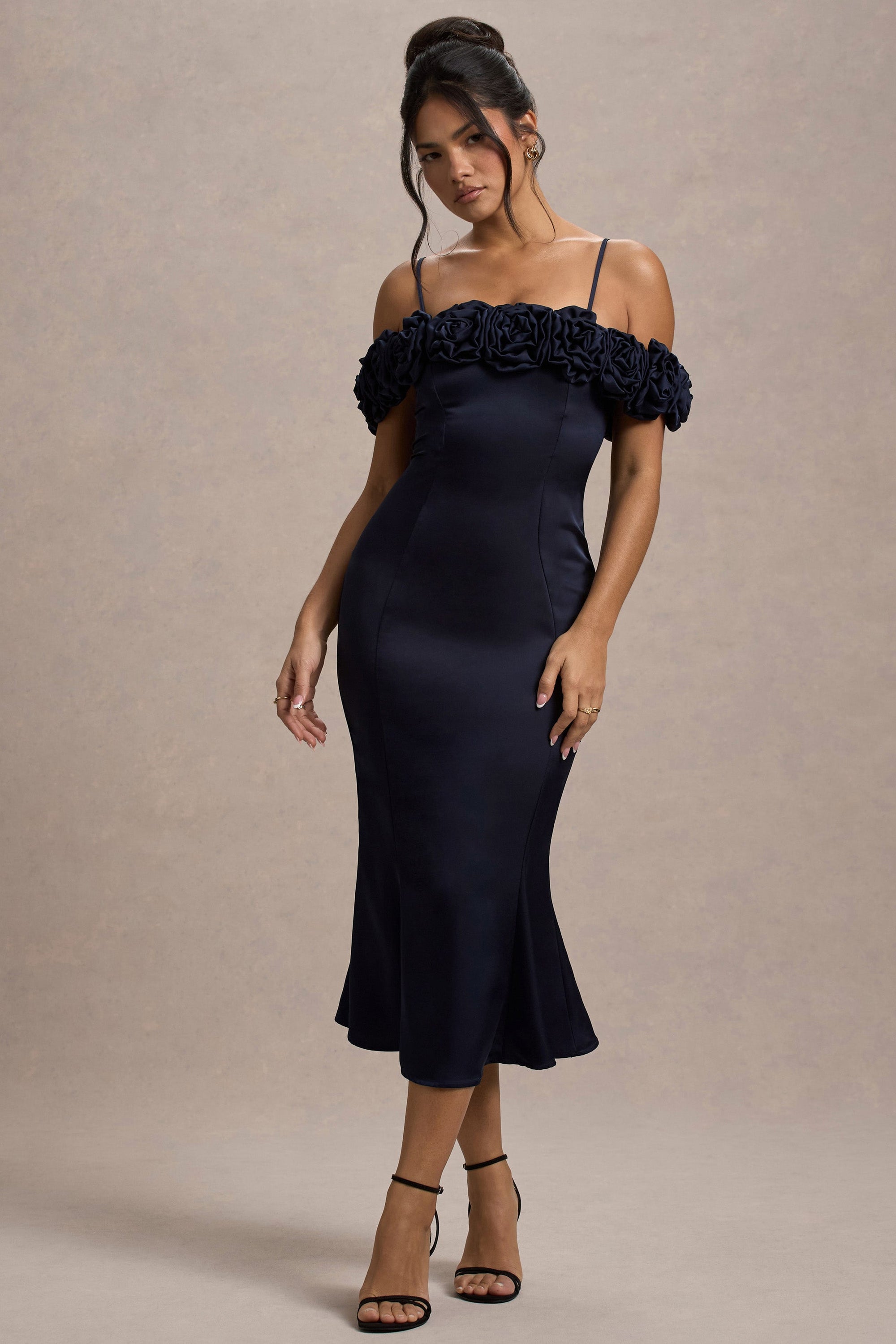 Petunia | Navy Satin Floral Bardot Midi Dress – Club L London