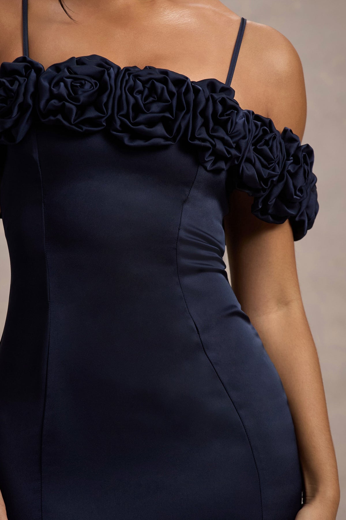 Petunia Navy Satin Floral Bardot Midi Dress Club L London - USA Petunia Navy Satin Floral Bardot Midi Dress Club L London - USA