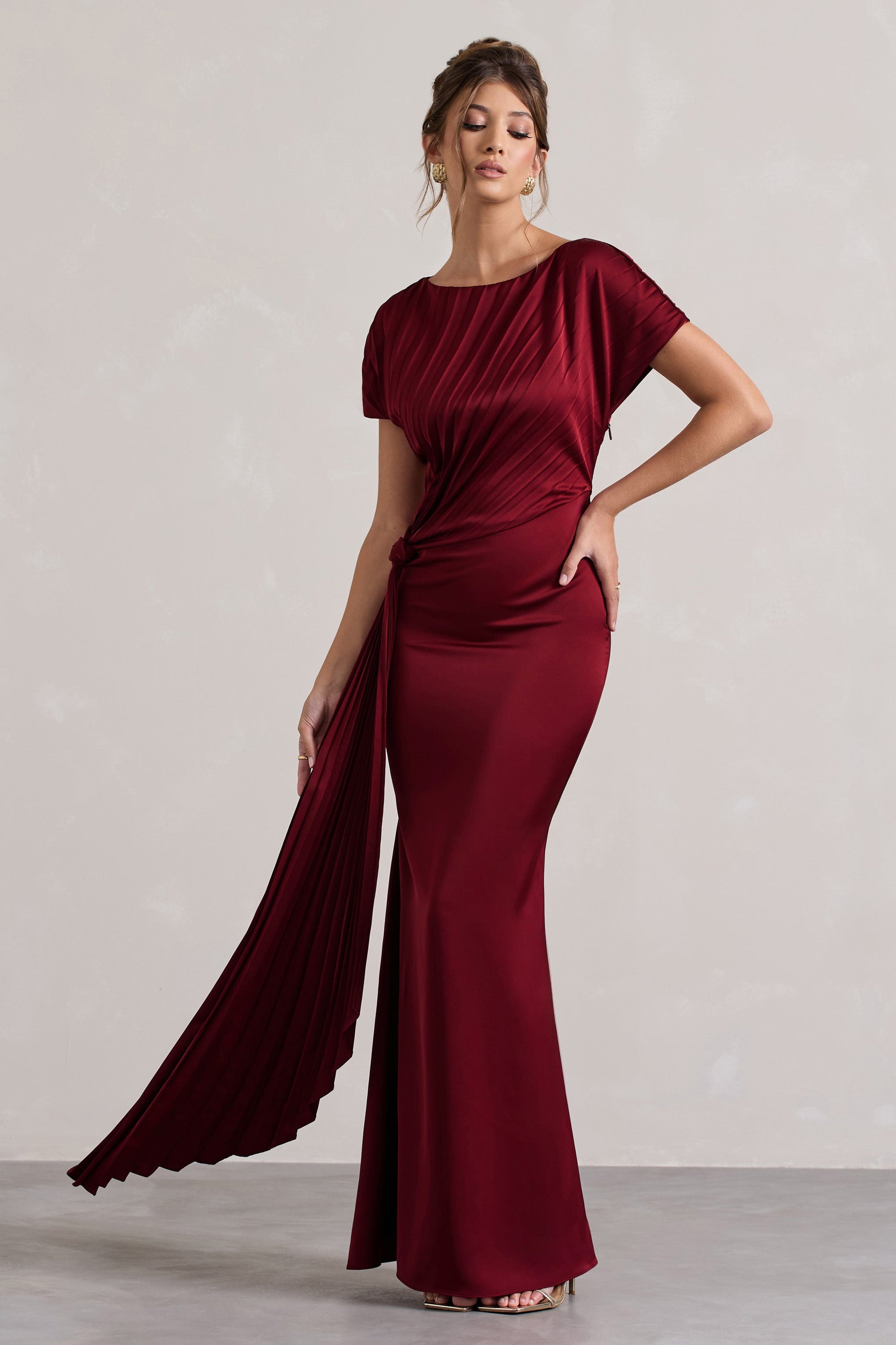 Ambrosia | Berry Satin Pleated Maxi Dress With Drape - Club L London - USA