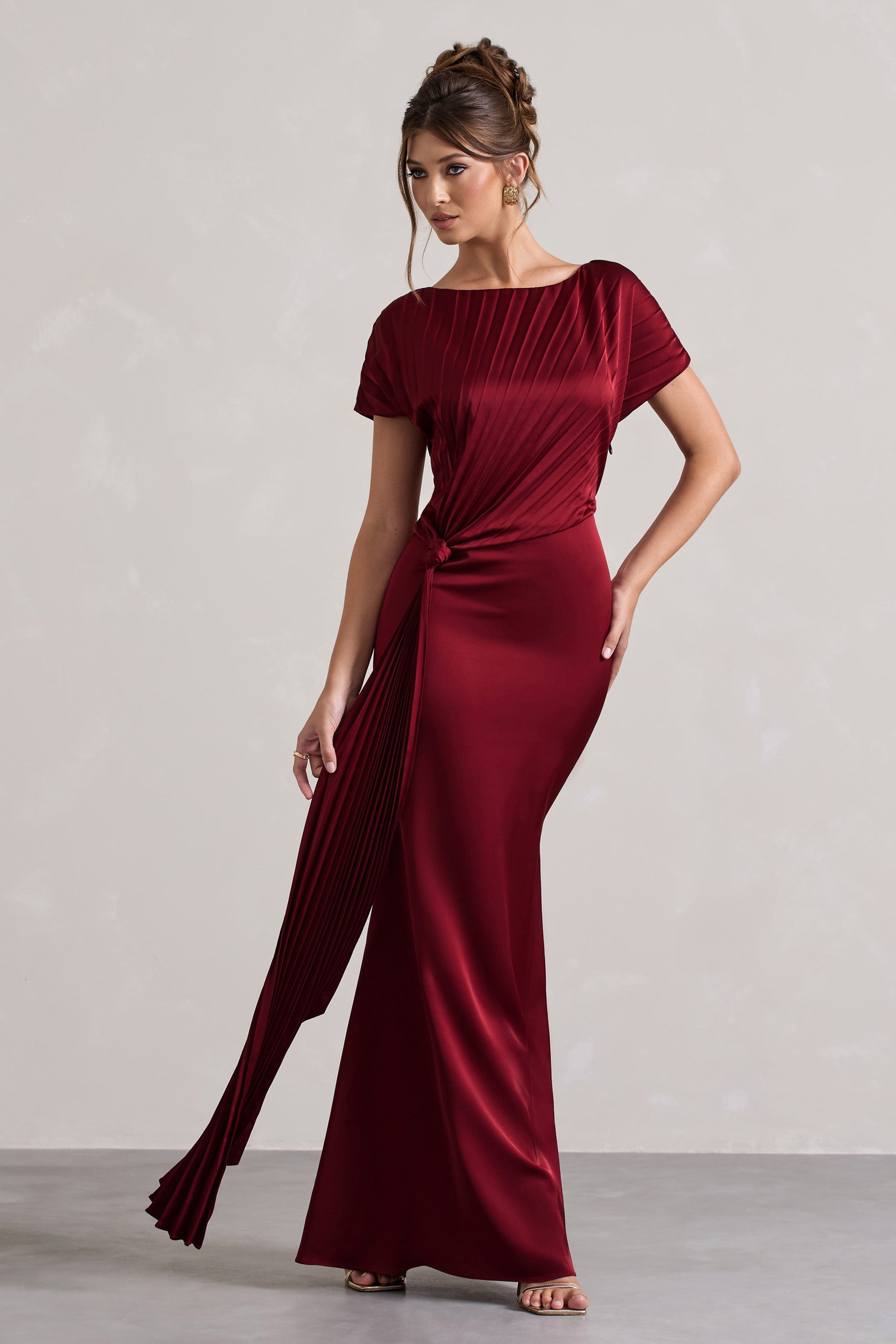 Ambrosia | Berry Satin Pleated Maxi Dress With Drape – Club L London