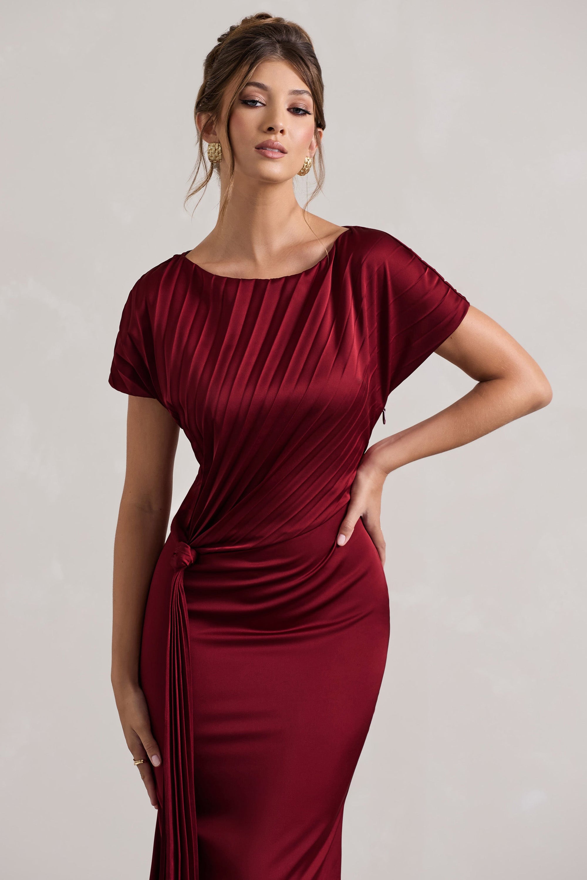 Ambrosia | Berry Satin Pleated Maxi Dress With Drape - Club L London - USA