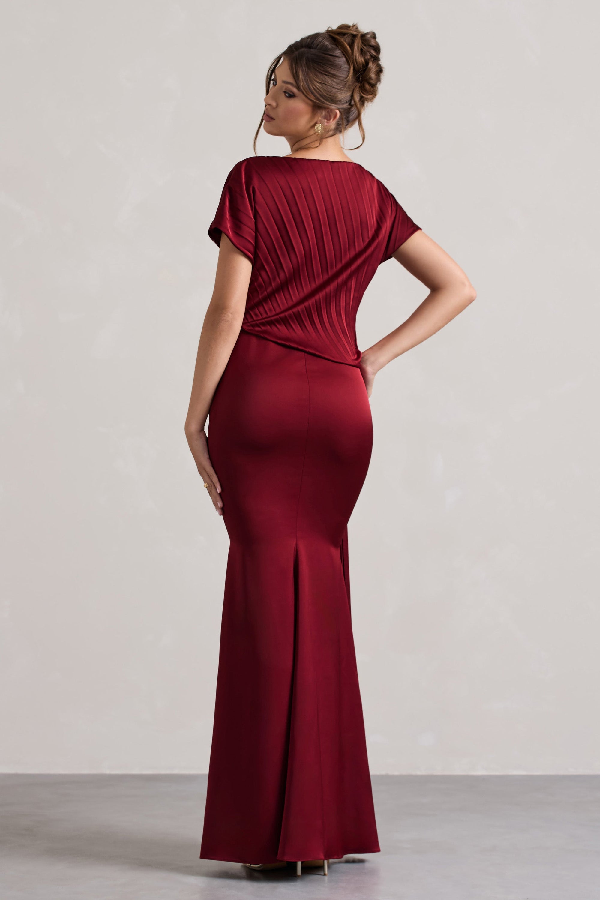 Ambrosia | Berry Satin Pleated Maxi Dress With Drape - Club L London - USA