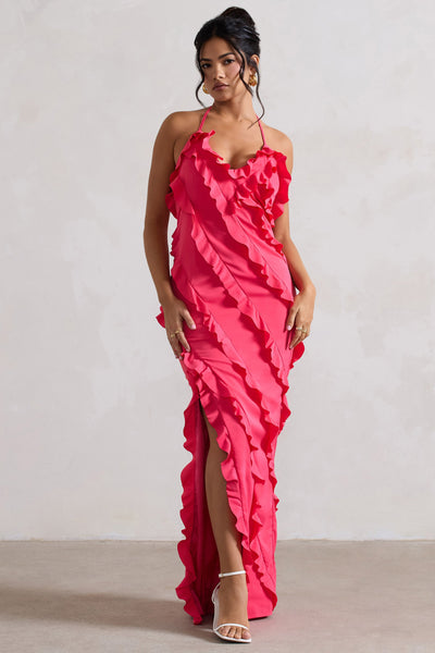 hot pink mob dress Full On | V-Neck Ruffle Maxi – Club L London Dark Blue Tulle Lace and night Size:Pre-order Custom size <11 meta-color-lone-star-fedora-mocha