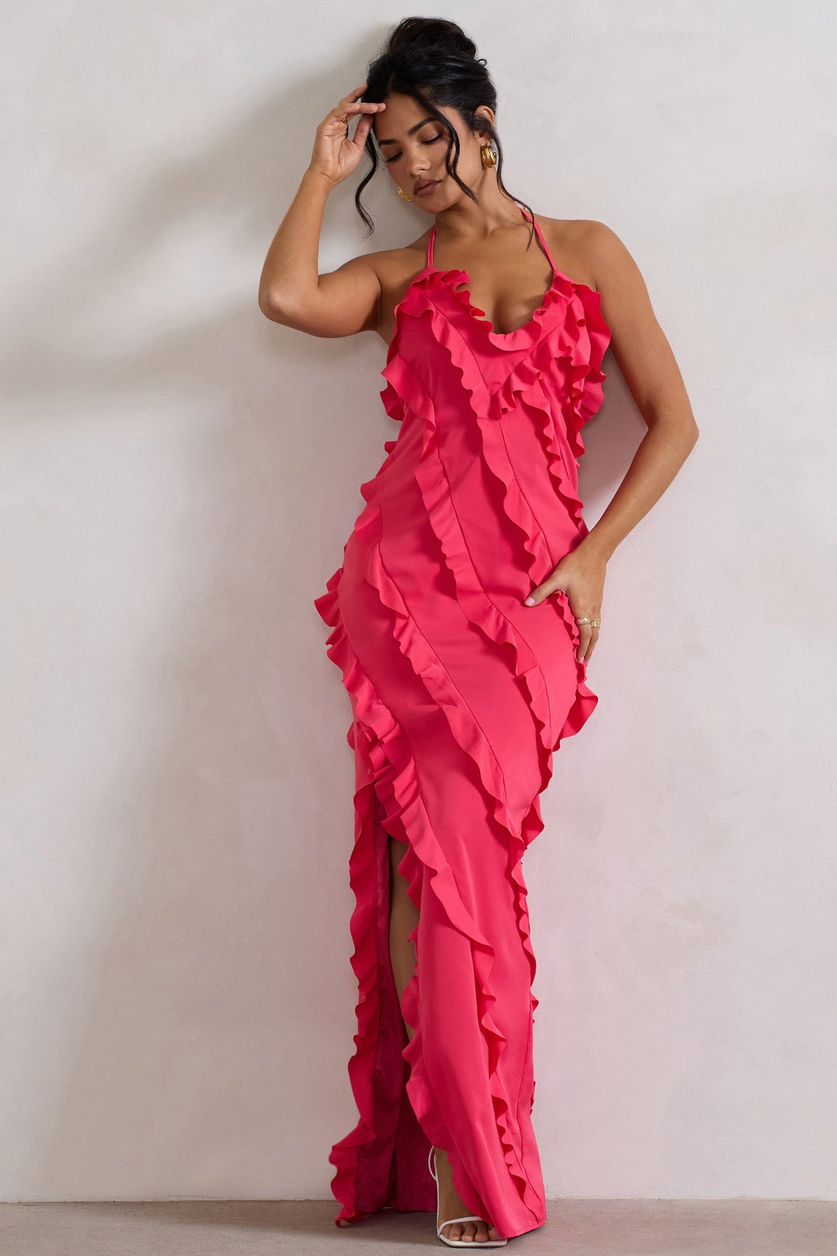 Full On Hot Pink V-Neck Ruffle Maxi Dress Club L London - USA Full On Hot Pink V-Neck Ruffle Maxi Dress Club L London - USA