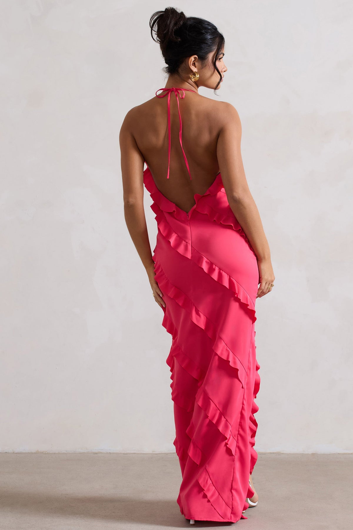 Full On | Hot Pink V-Neck Ruffle Maxi Dress - UK 14 Hot Pink Full On | Hot Pink V-Neck Ruffle Maxi Dress - UK 14 Hot Pink