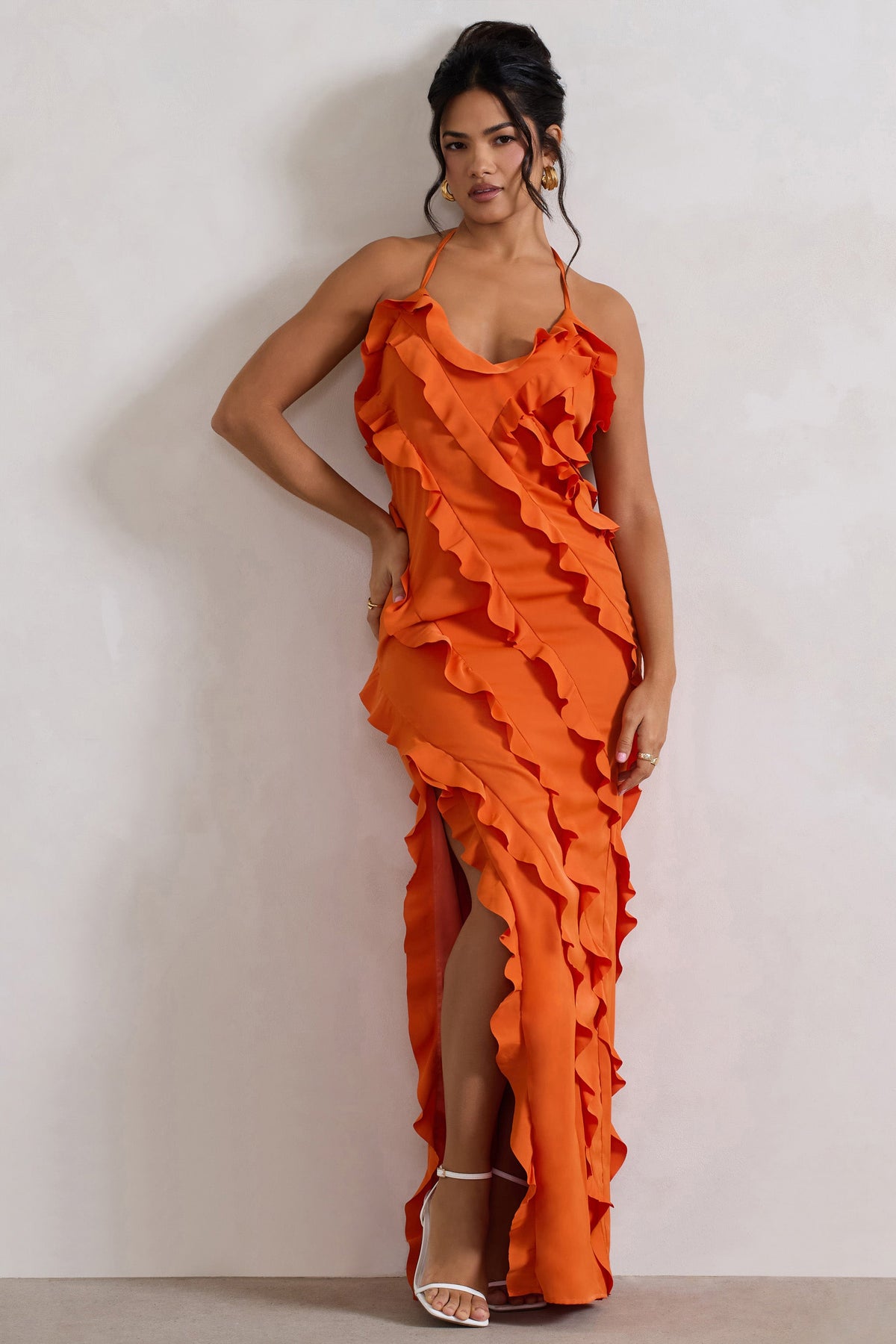 Full On Orange V-Neck Ruffle Maxi Dress Club L London - USA Full On Orange V-Neck Ruffle Maxi Dress Club L London - USA