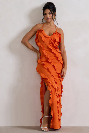 chinese dress ladies Full On Orange V-Neck Ruffle Maxi Dress – Club L London