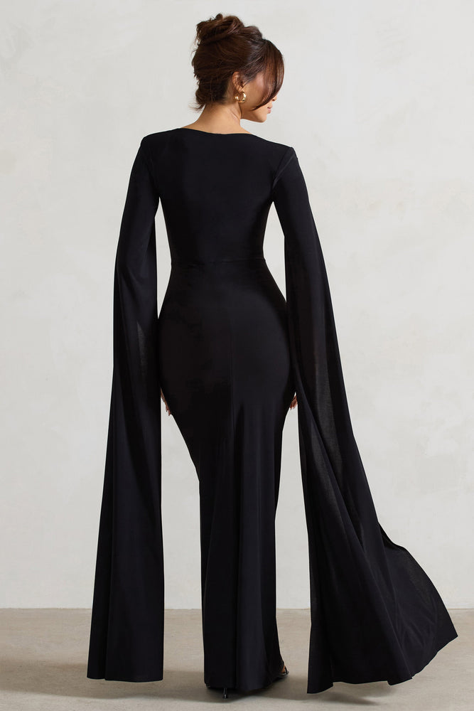 2WAY CURVE VELOURS DRESS ブラック Claretta Black Square Neck Twisted Maxi Dress With Cape