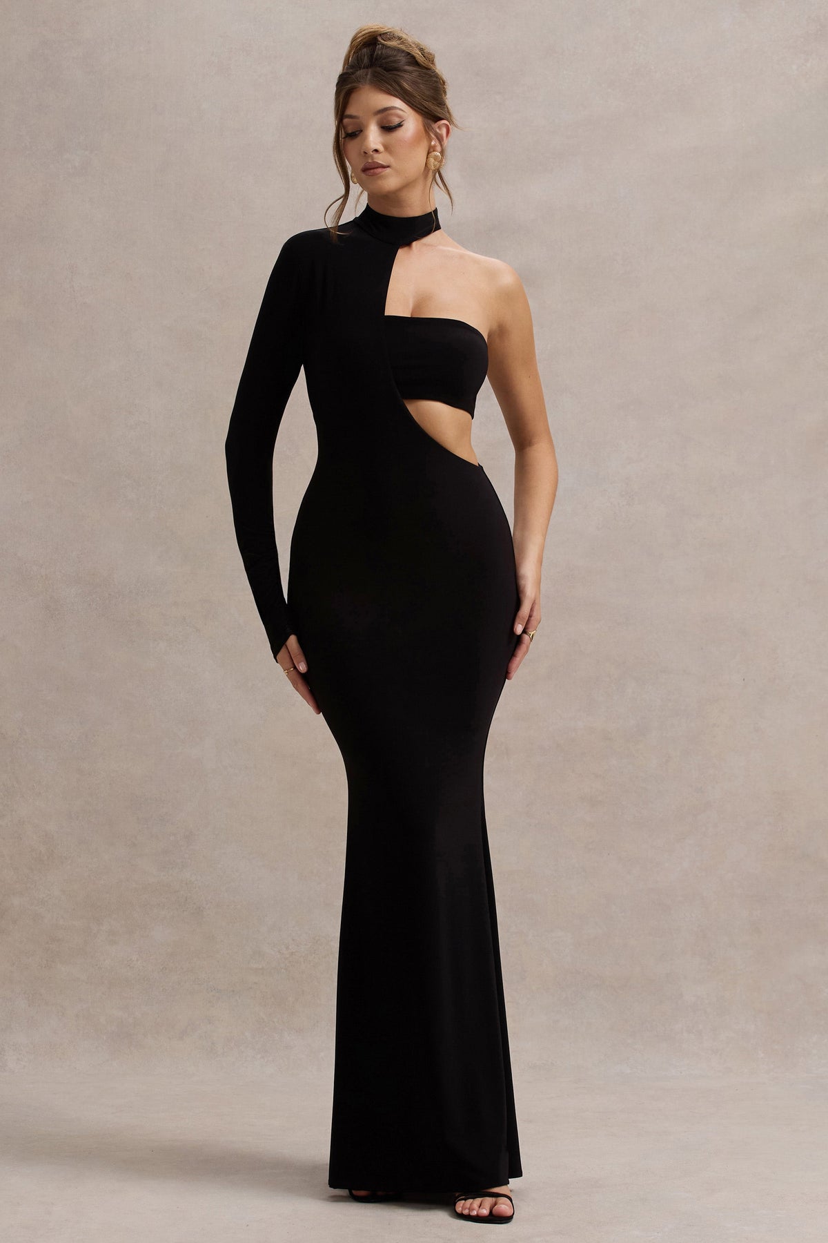 Socialite Black One-Sleeve Cut-Out Maxi Dress Club L London - USA Socialite Black One-Sleeve Cut-Out Maxi Dress Club L London - USA