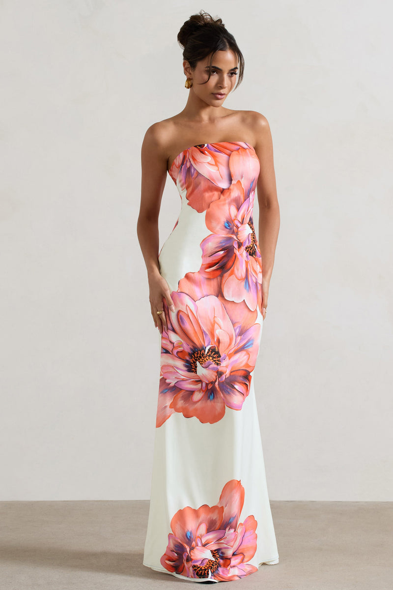 Sofiane Cream & Pink Floral Print Bandeau Maxi Dress – Club L London - Usa