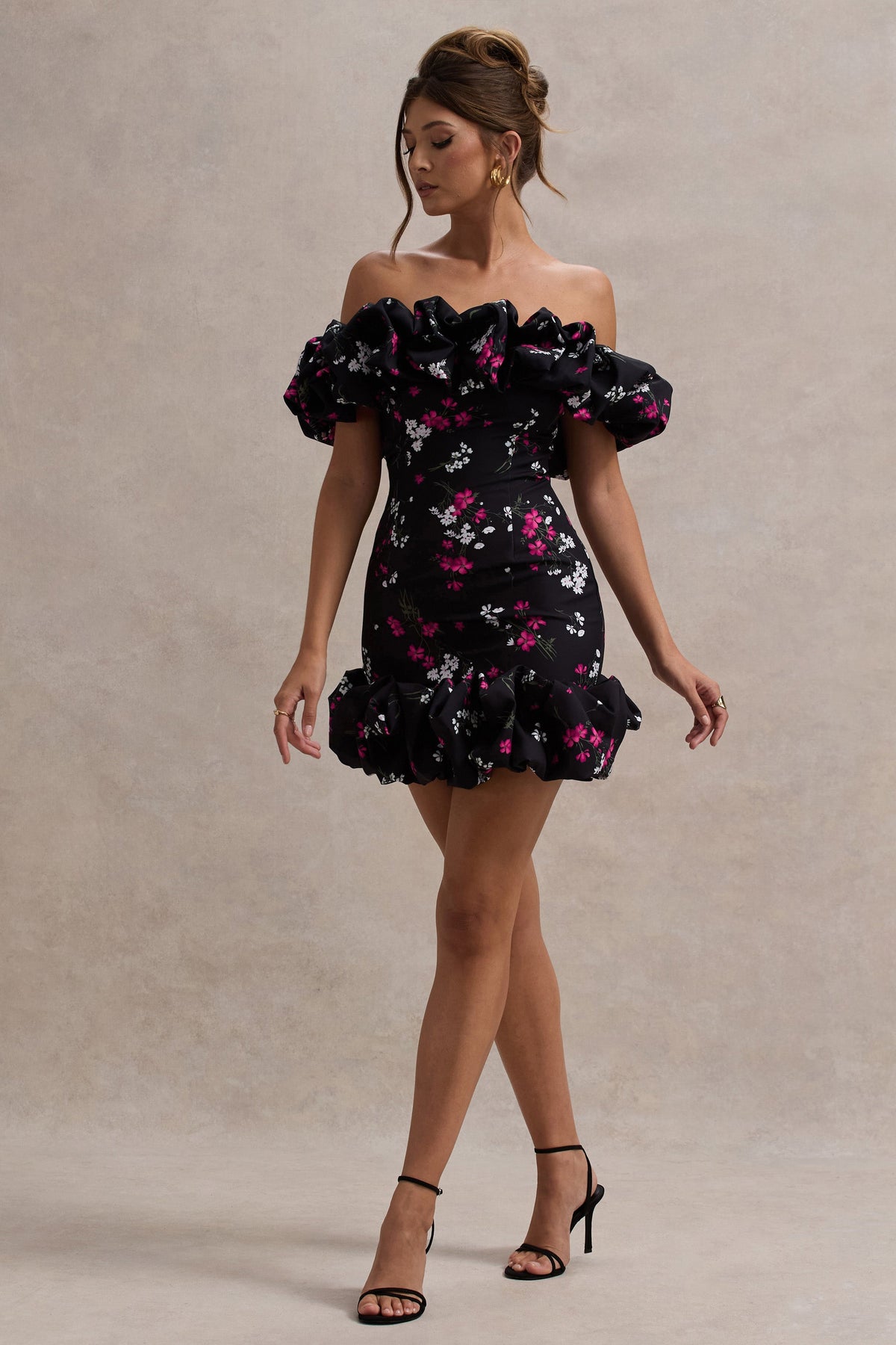 Lindo | Black Ditsy Floral Print Ruffled Bardot Mini Dress