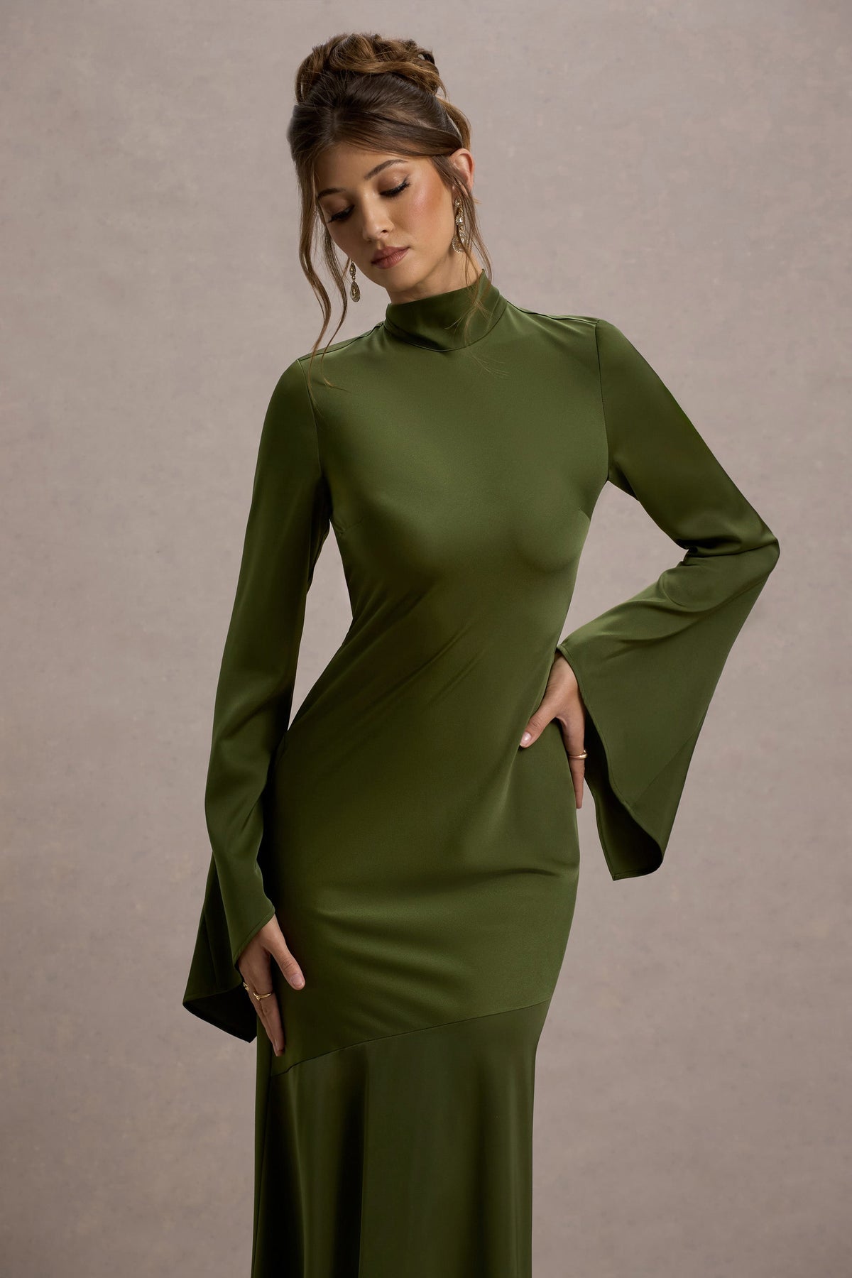 Veena | Olive Green Satin High-Neck Maxi Dress