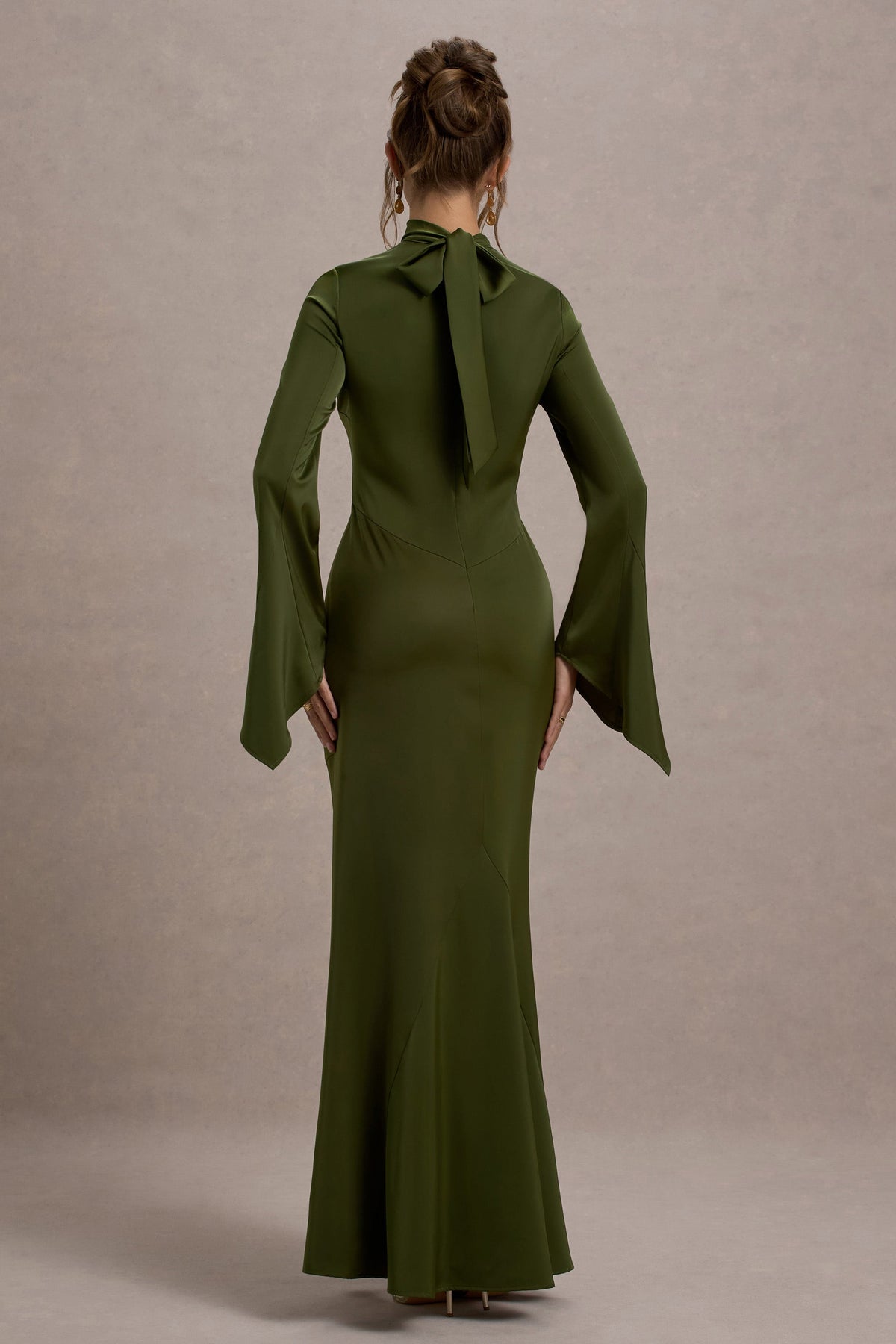 Veena | Olive Green Satin High-Neck Maxi Dress