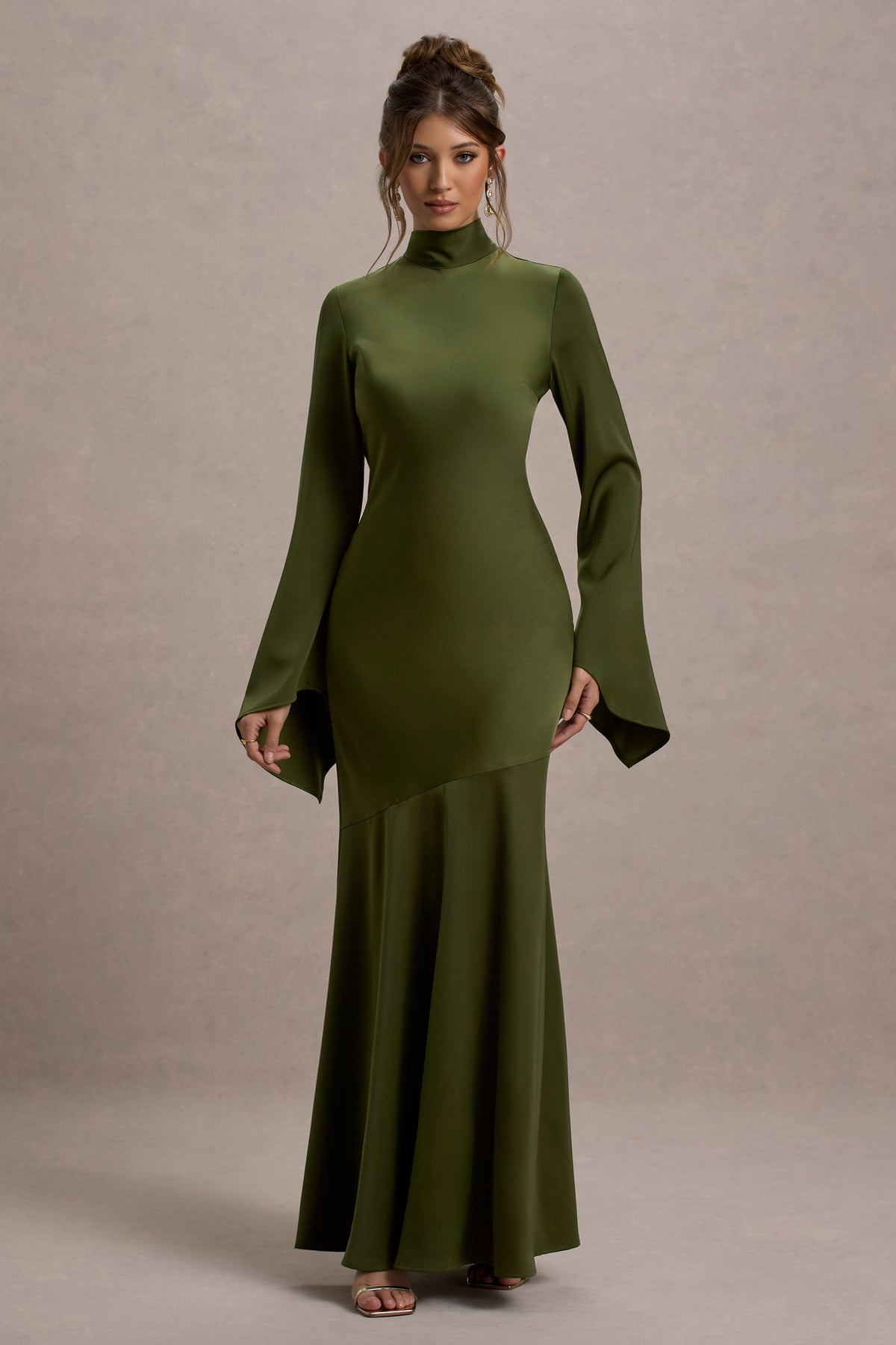 Veena | Olive Green Satin High-Neck Maxi Dress