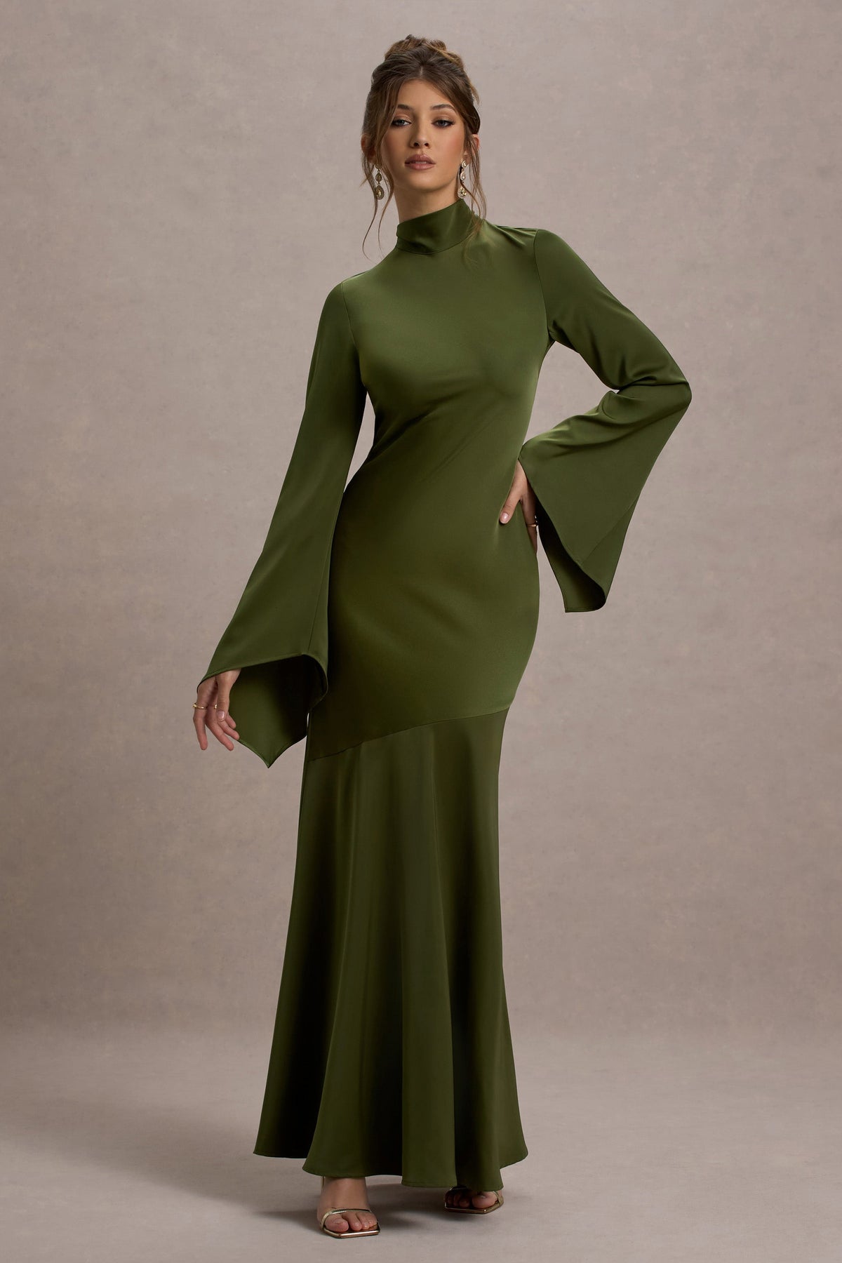 Veena | Olive Green Satin High-Neck Maxi Dress