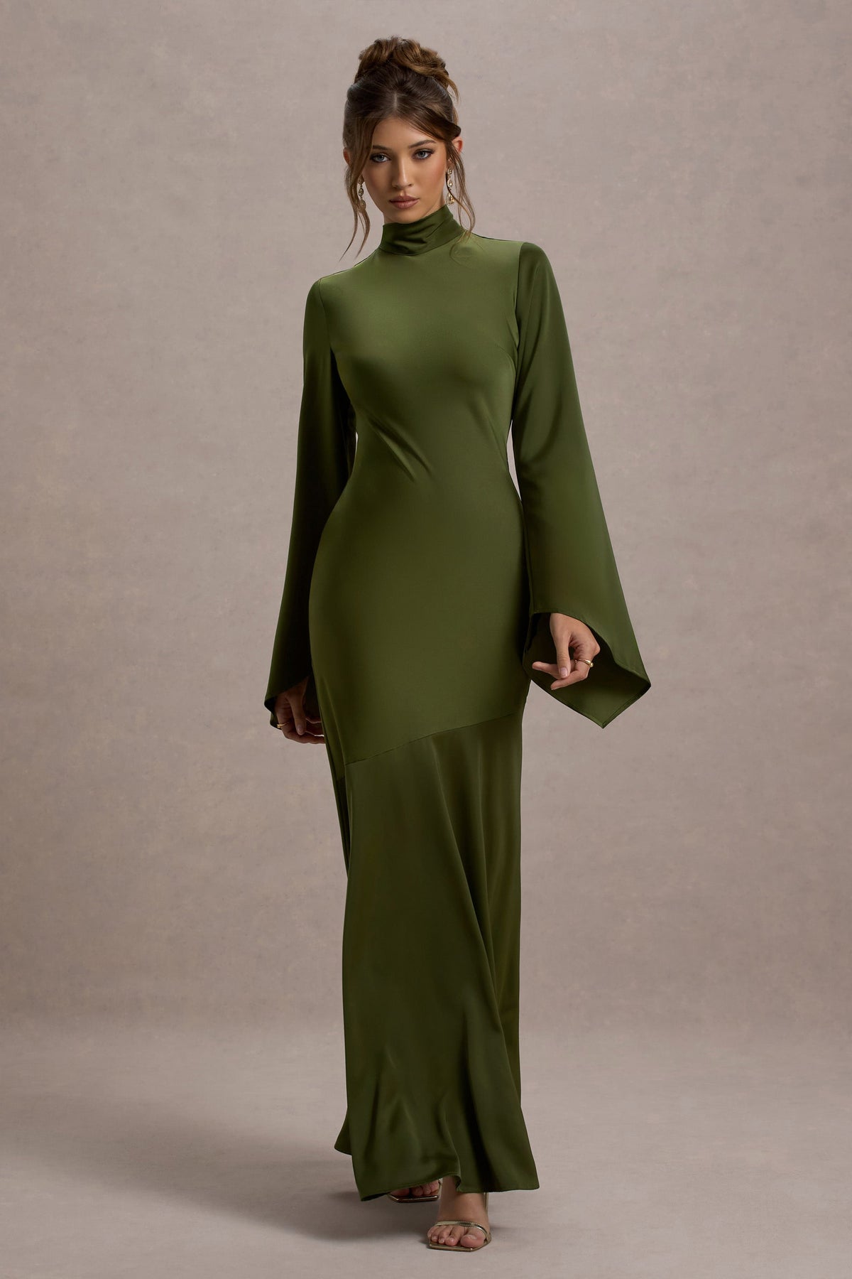 Veena | Olive Green Satin High-Neck Maxi Dress