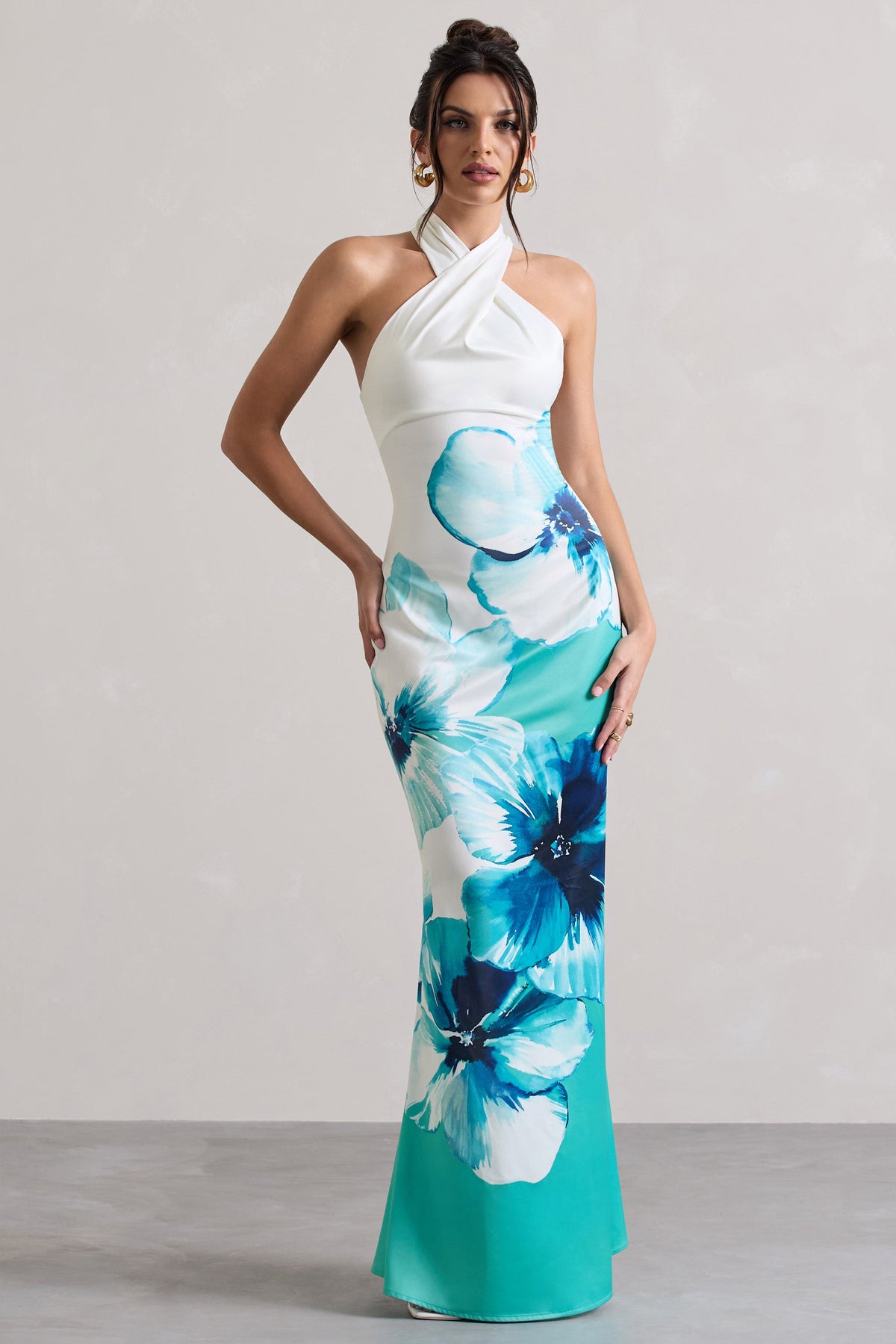 Tropicana Blue Floral Satin Cross Over Halterneck Maxi Dress – Club L  London - USA