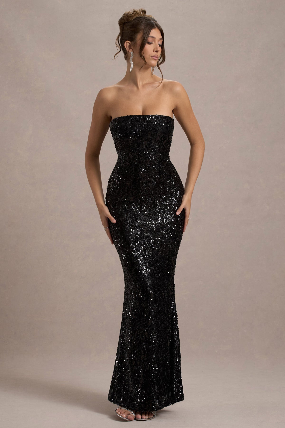Long Fully Sequined Dress Black Sequin Long Dress With Beaded Stretchy Tassle Sleeve Long Fully Sequined Dress Black Sequin Long Dress With Beaded Stretchy Tassle Sleeve