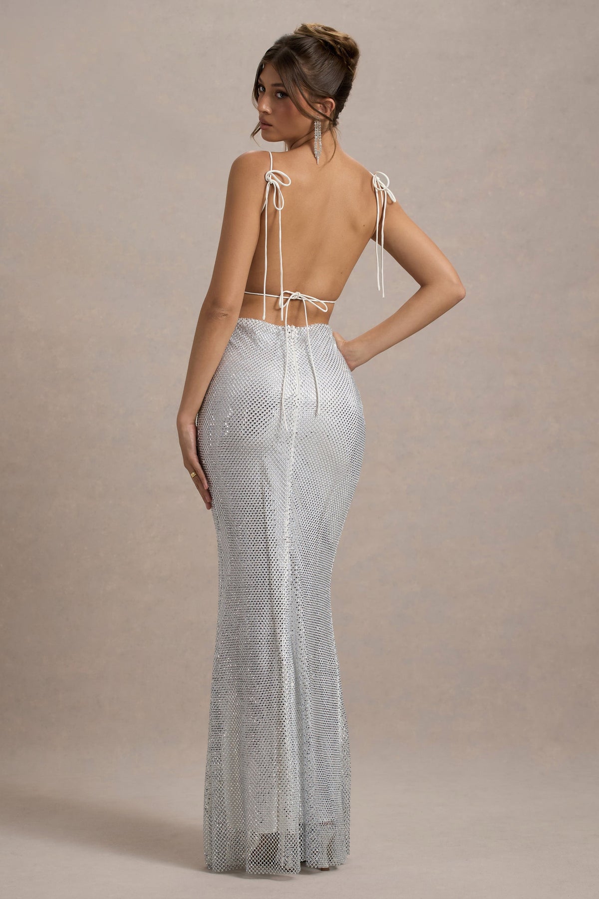 Quartz Silver Embellished Square-Neck Open-Back Maxi Dress Club L London - USA Quartz Silver Embellished Square-Neck Open-Back Maxi Dress Club L London - USA