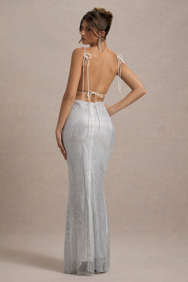 Quartz | Silver Embellished Square-Neck Open-Back Maxi Dress - UK 16 Silver Quartz | Silver Embellished Square-Neck Open-Back Maxi Dress - UK 16 Silver