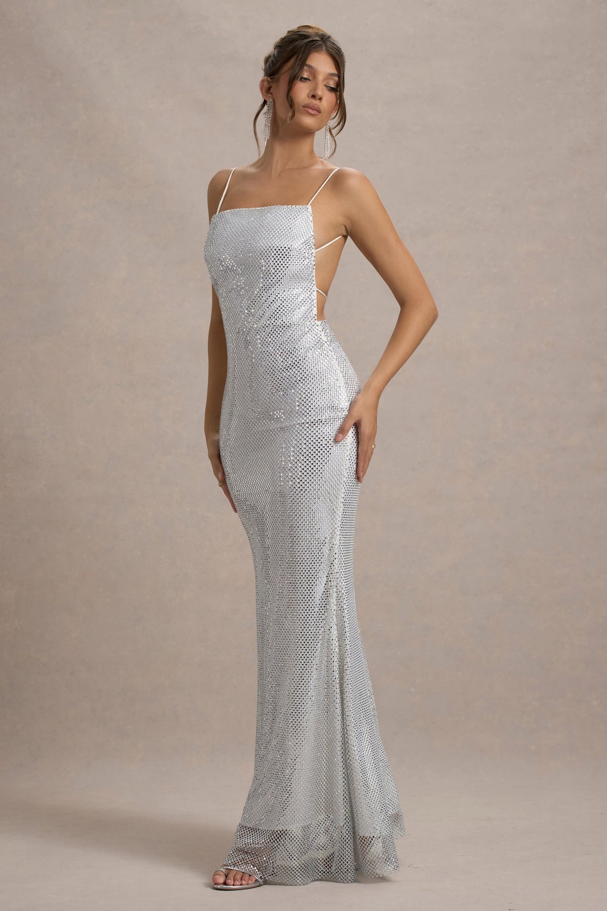 Quartz Silver Embellished Square-Neck Open-Back Maxi Dress Club L London - USA Quartz Silver Embellished Square-Neck Open-Back Maxi Dress Club L London - USA