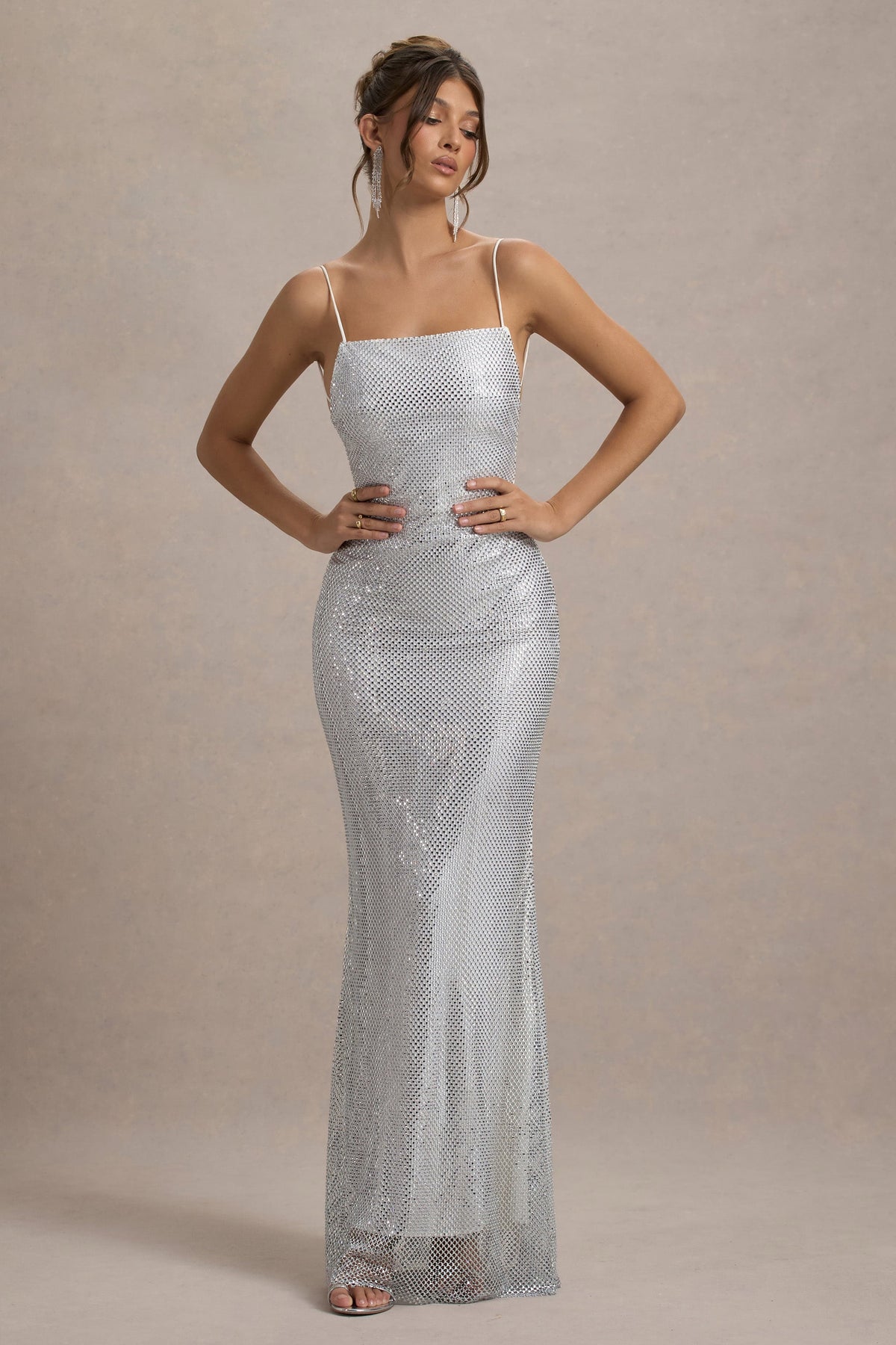 Quartz Silver Embellished Square-Neck Open-Back Maxi Dress Club L London - USA Quartz Silver Embellished Square-Neck Open-Back Maxi Dress Club L London - USA