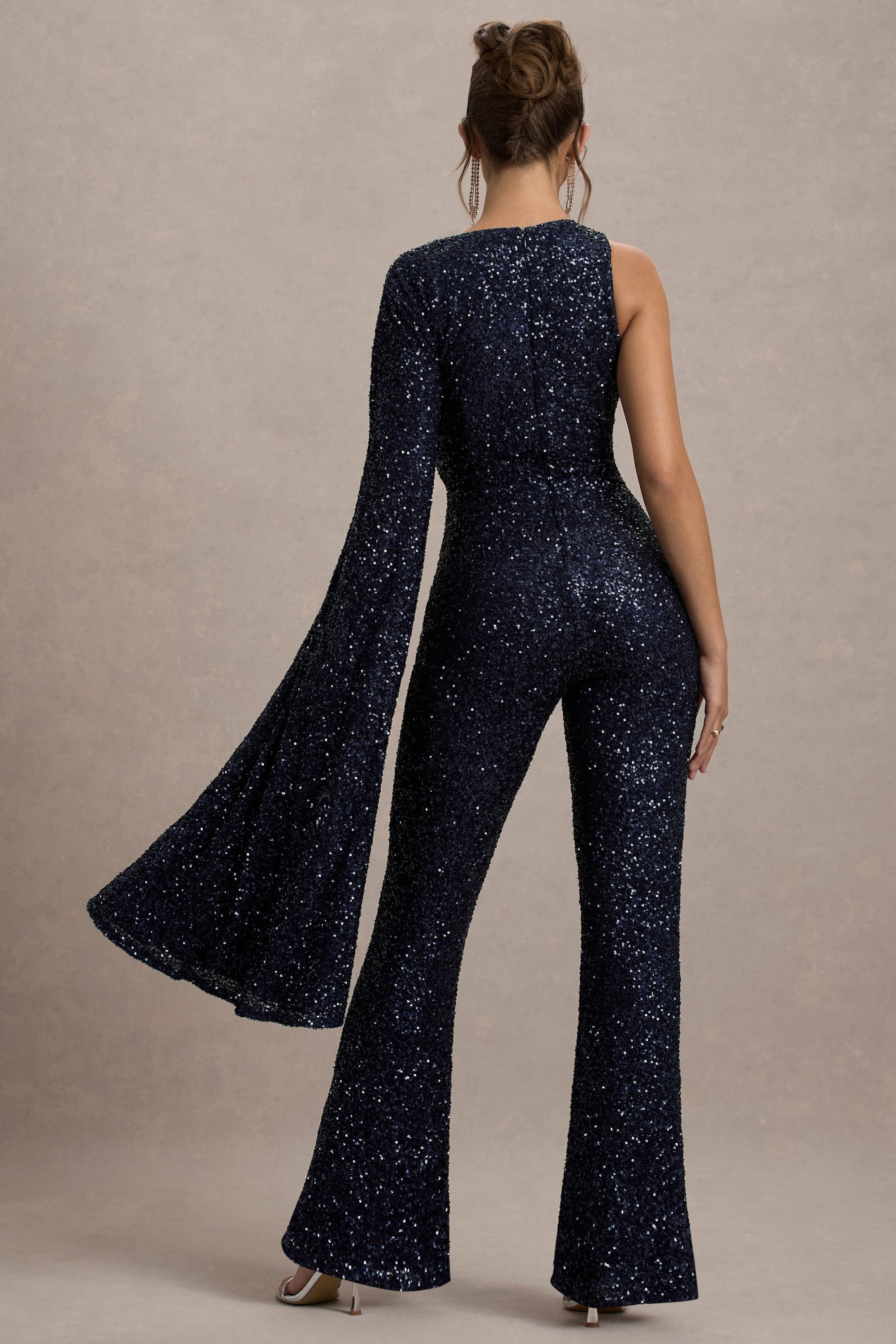 Star Seeker | Navy Sequin One-Shoulder Cape Sleeve Jumpsuit - Club L London - USA