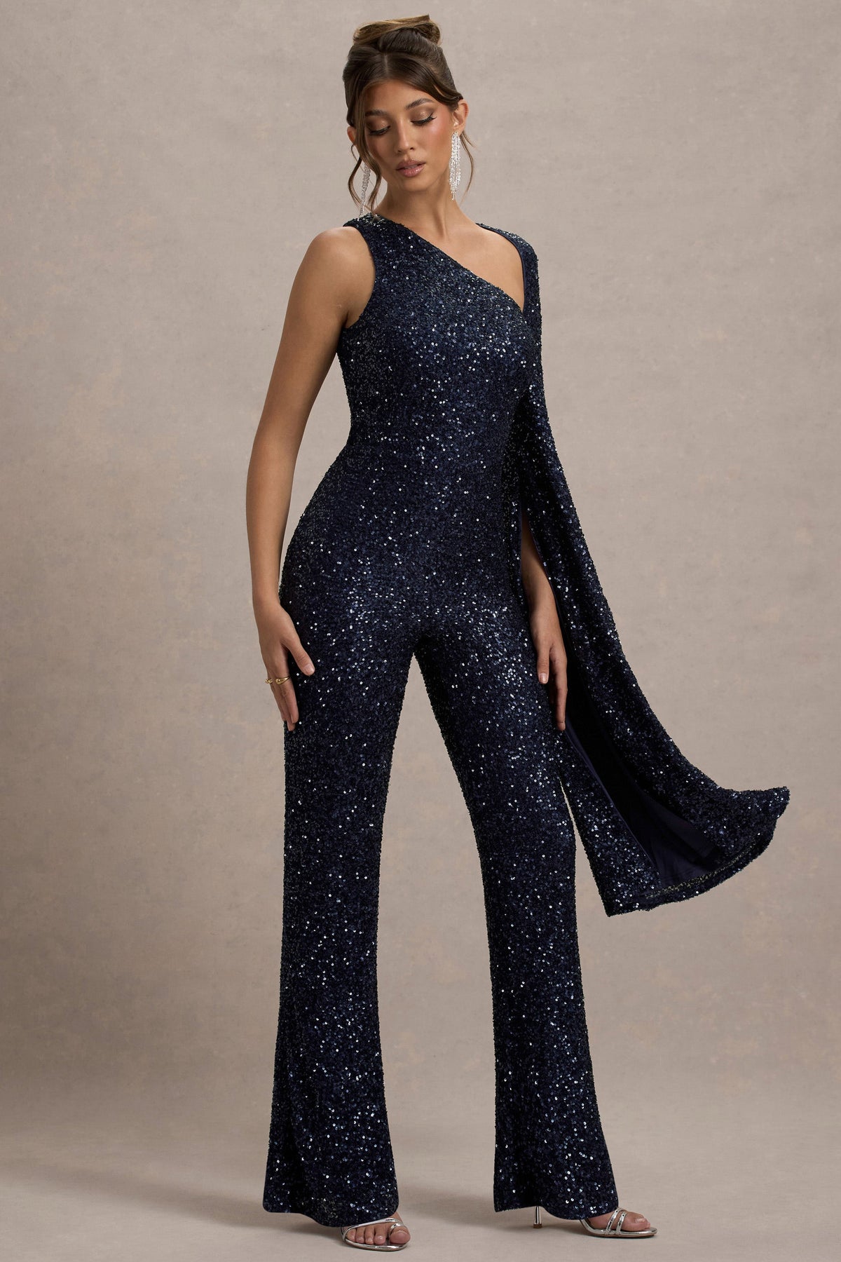 Star Seeker Navy Sequin One-Shoulder Cape Sleeve Jumpsuit Club L London - USA Star Seeker Navy Sequin One-Shoulder Cape Sleeve Jumpsuit Club L London - USA