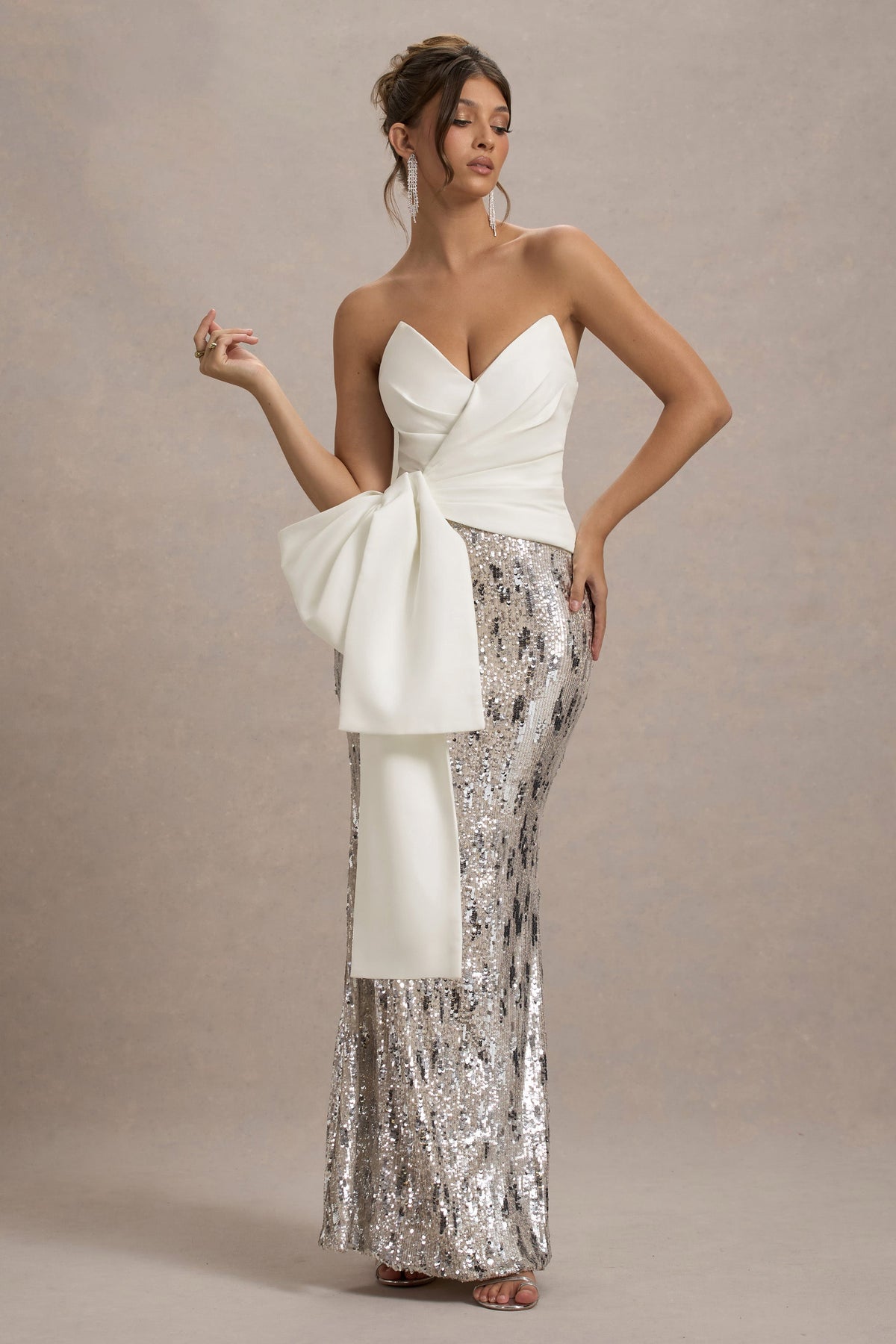 Ceres Ecru Strapless Draped Maxi Dress With Sequin Skirt Club L London - USA Ceres Ecru Strapless Draped Maxi Dress With Sequin Skirt Club L London - USA