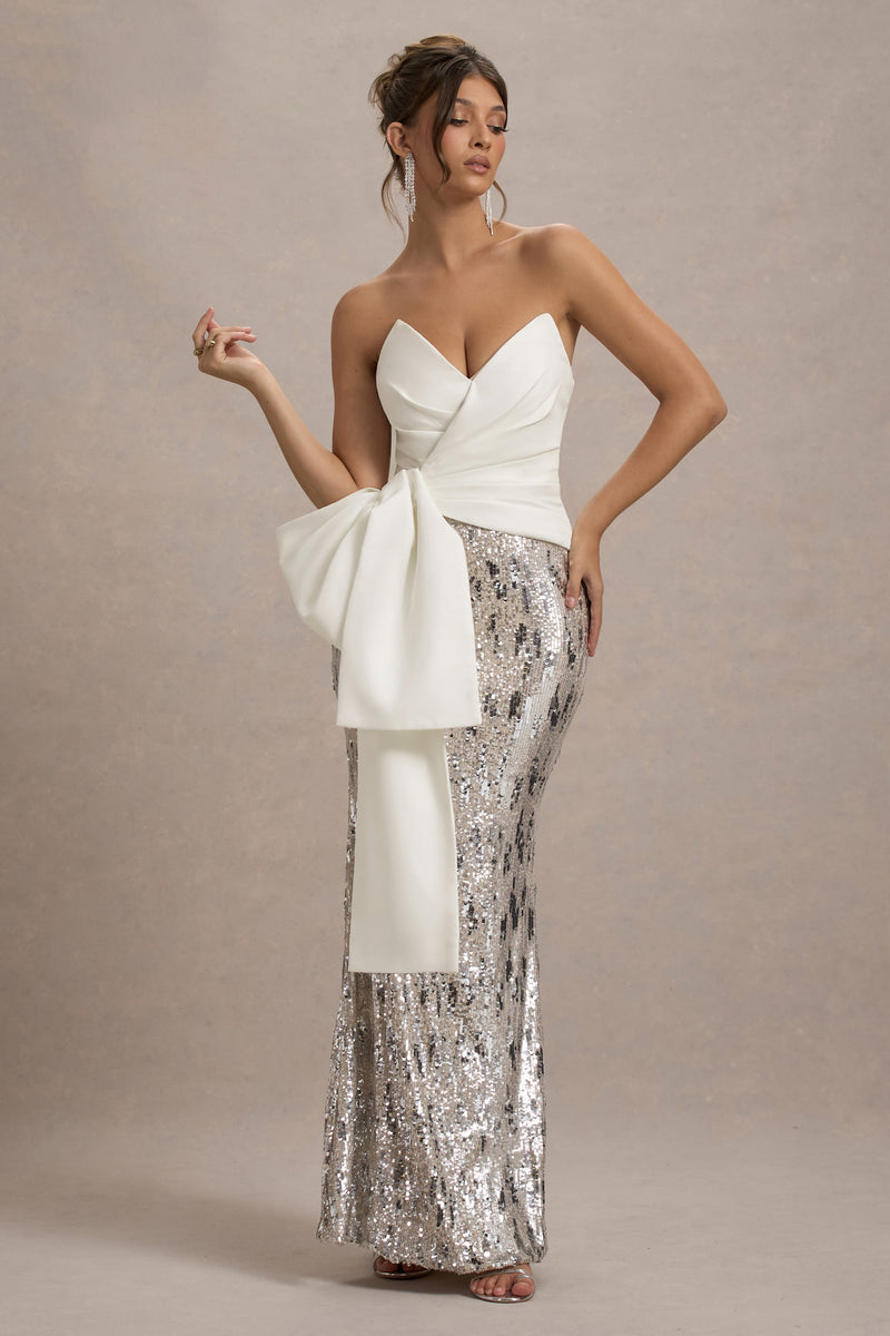 Ceres Ecru Strapless Draped Maxi Dress With Sequin Skirt – Club L ...