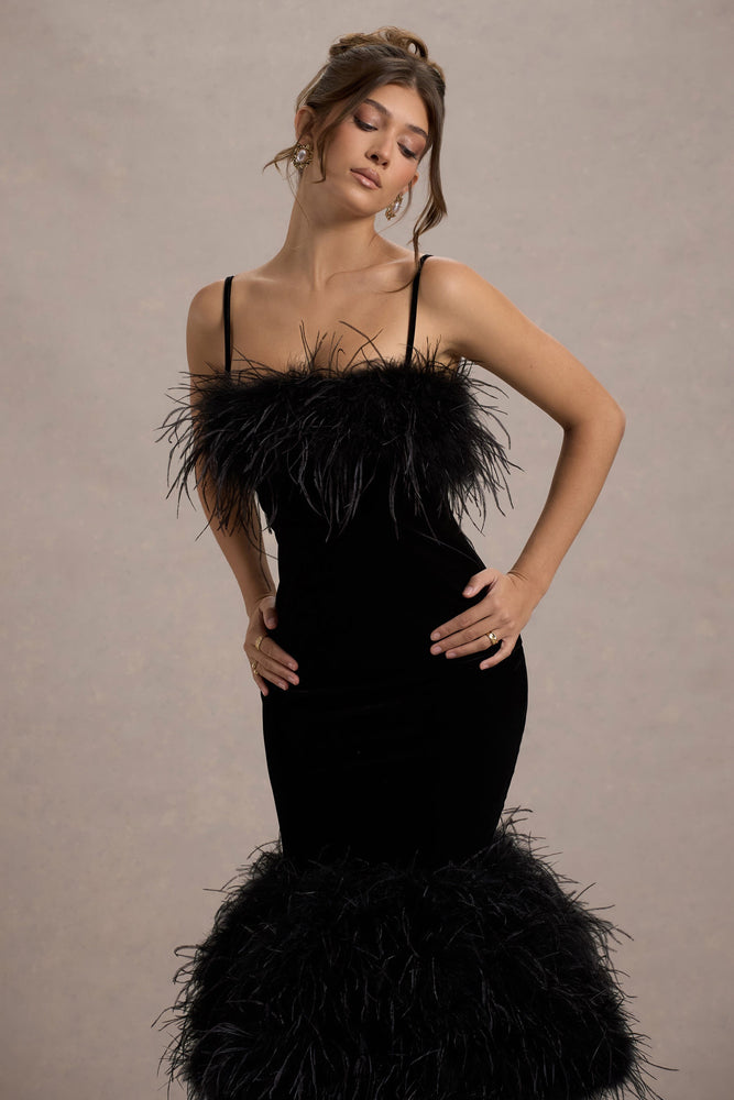 Kalena Black Velvet Feather Trim Midi Dress – Club L London