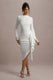 Luanna | Ecru Satin Long-Sleeve Midi Dress With Draped Skirt And Embellished Cuffs - Club L London - USA
