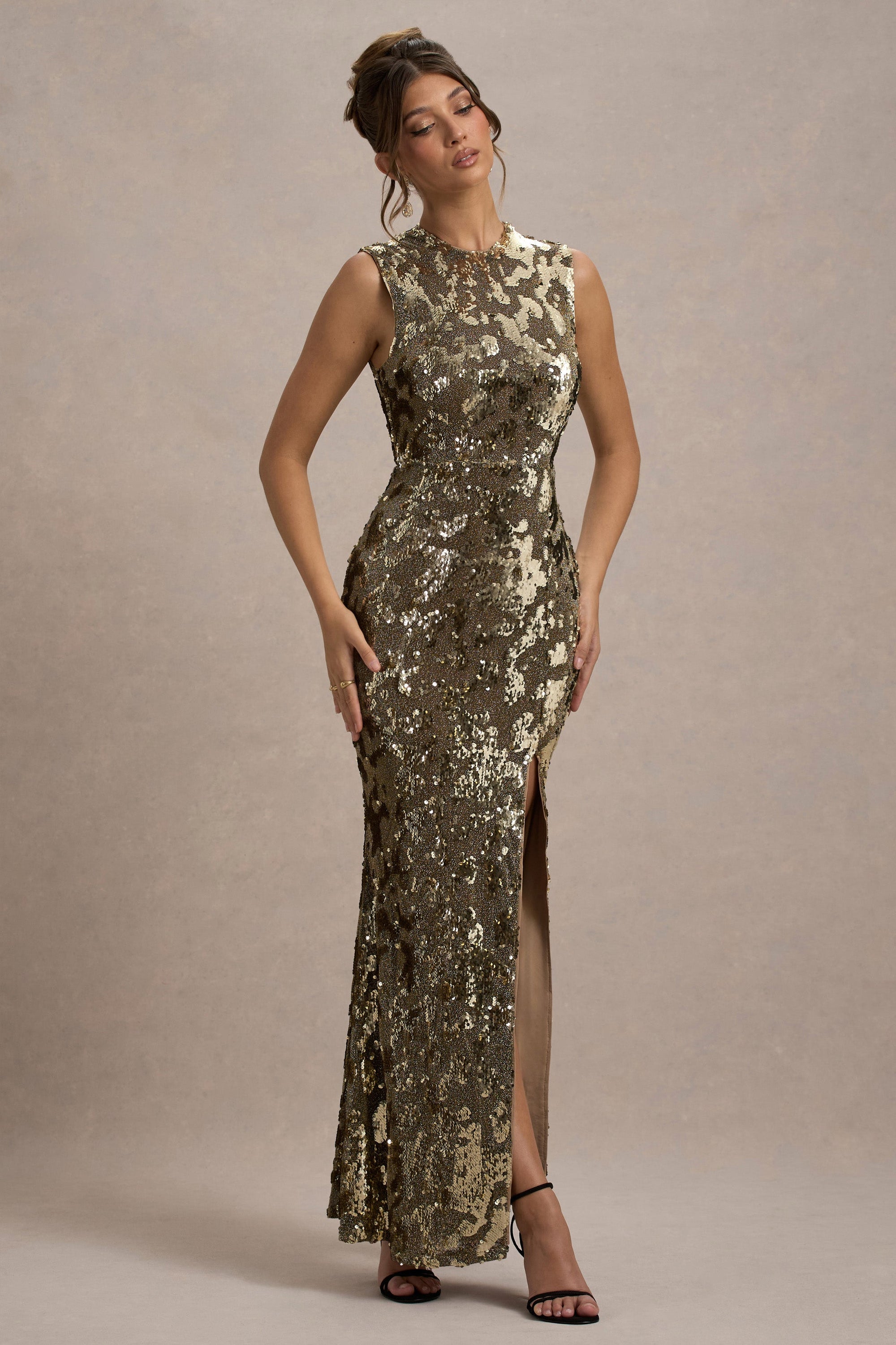 Cleopatra | Gold Sequin Split Maxi Dress – Club L London
