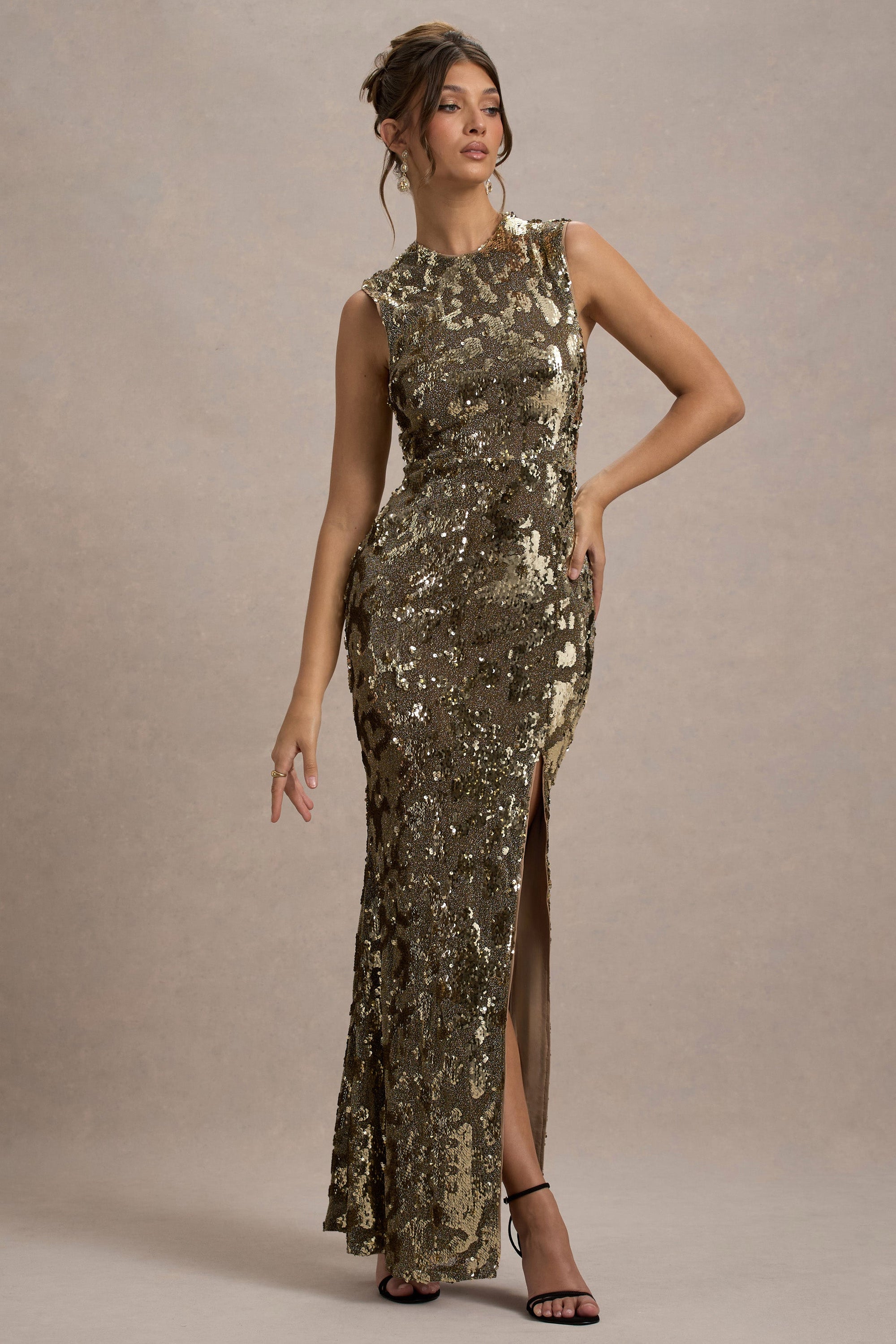 Cleopatra | Gold Sequin Split Maxi Dress – Club L London