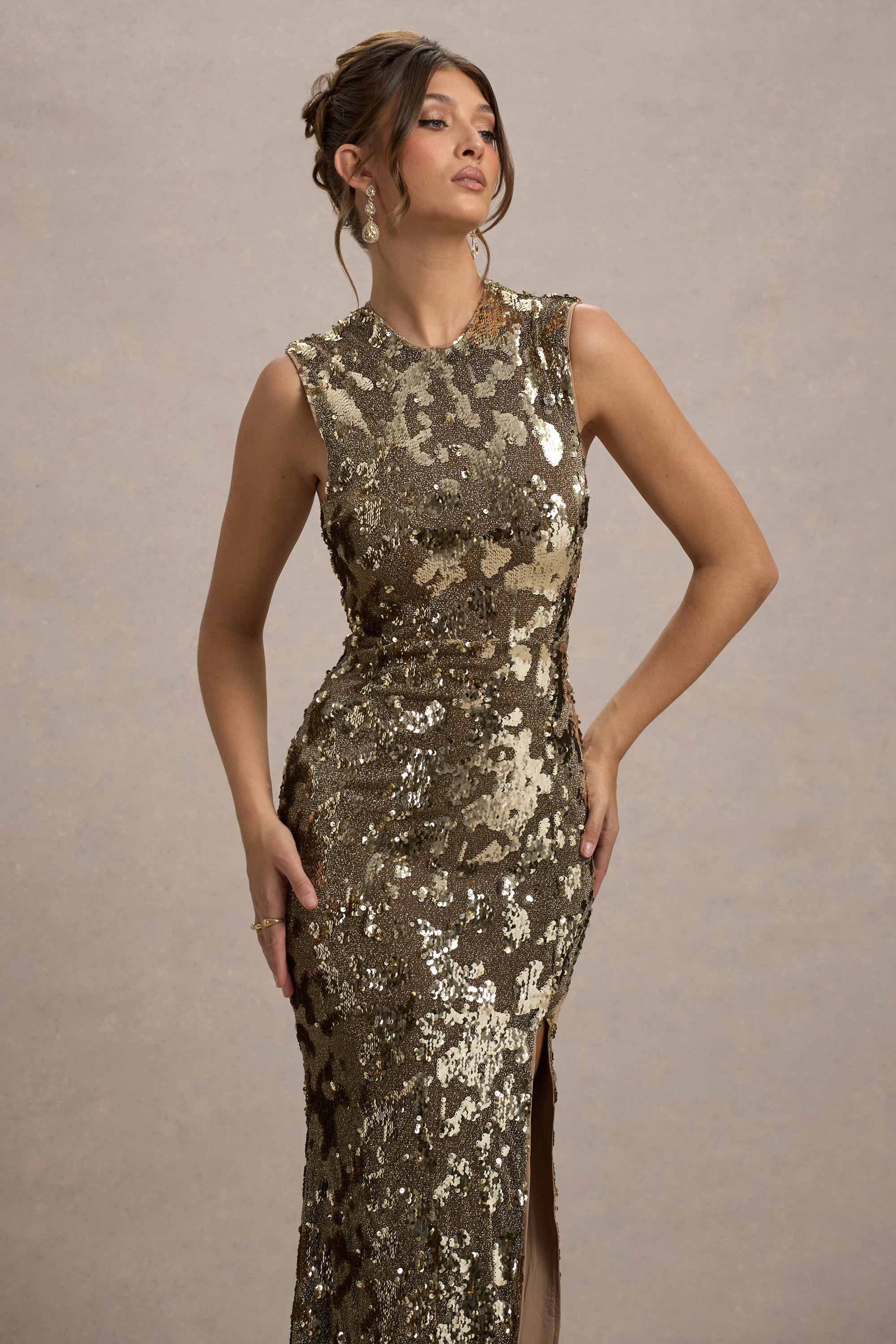 Cleopatra | Gold Sequin Split Maxi Dress – Club L London