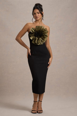 gold metallic plisse strappy knot front midi dress Moya Black & Gold Bodycon Midi Dress With Corsage Detail – Club L London