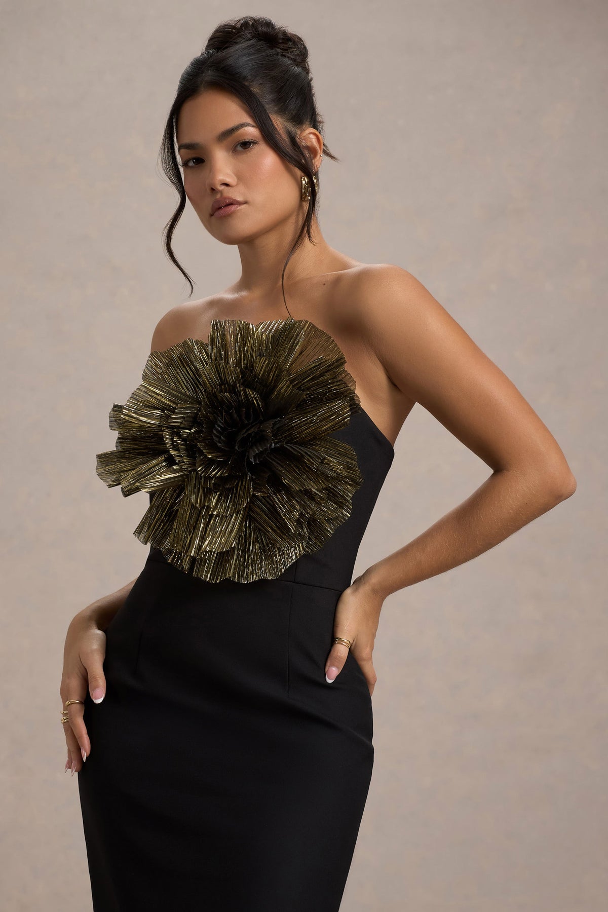 Moya Black & Gold Bodycon Midi Dress With Corsage Detail Club L London - USA Moya Black & Gold Bodycon Midi Dress With Corsage Detail Club L London - USA