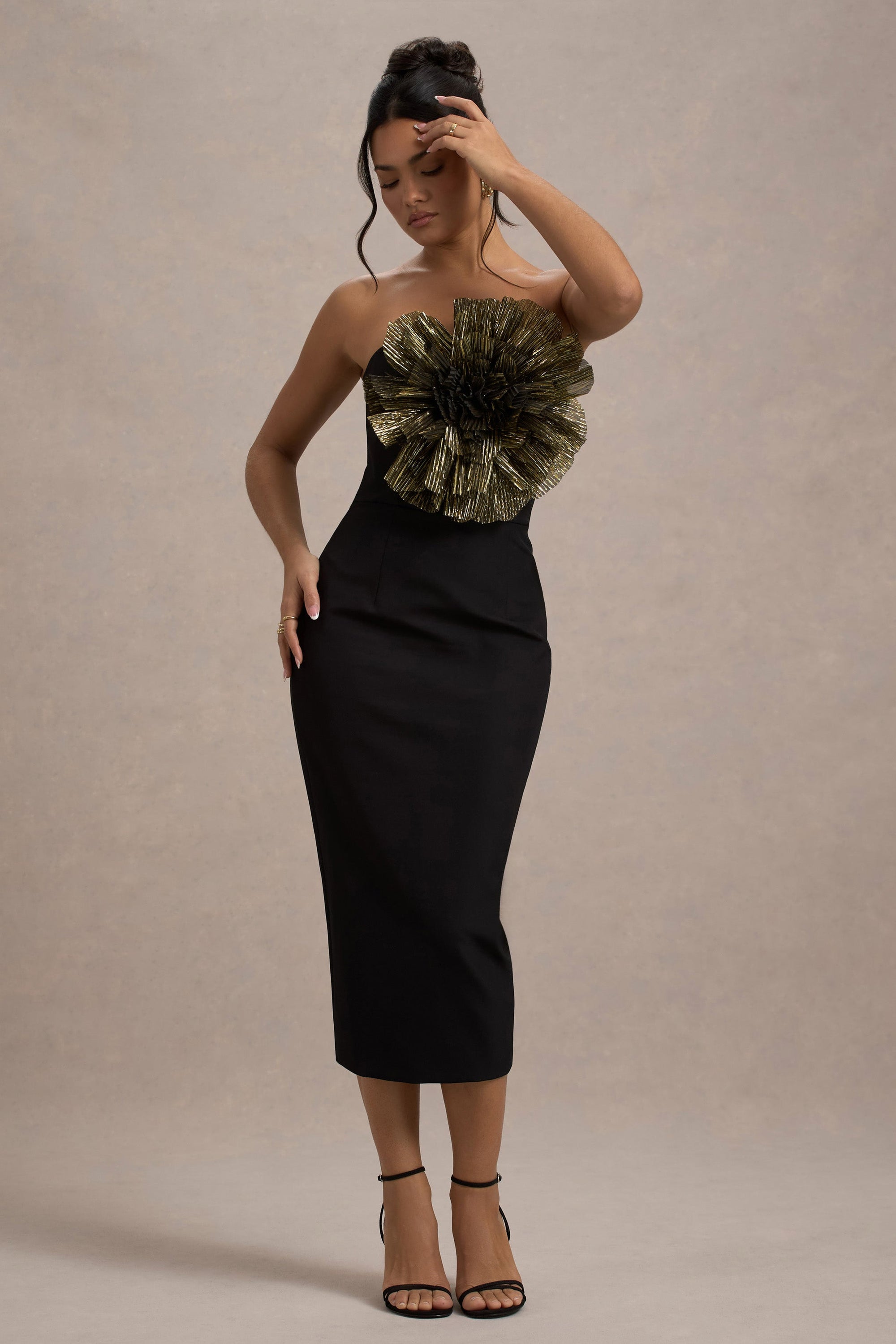 Moya | Black & Gold Bodycon Midi Dress With Corsage Detail - Club L London - USA