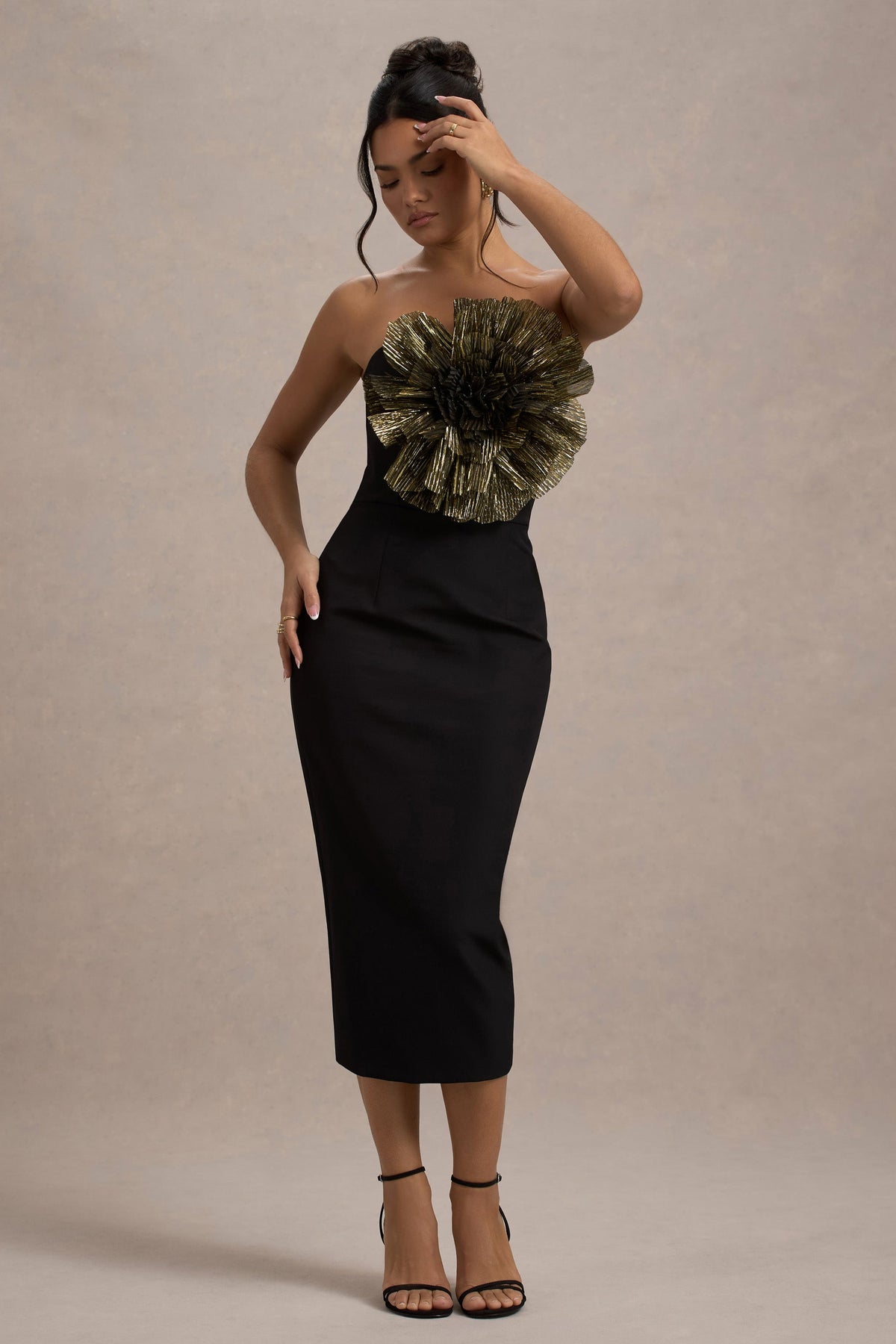 Moya Black & Gold Bodycon Midi Dress With Corsage Detail Club L London - USA Moya Black & Gold Bodycon Midi Dress With Corsage Detail Club L London - USA
