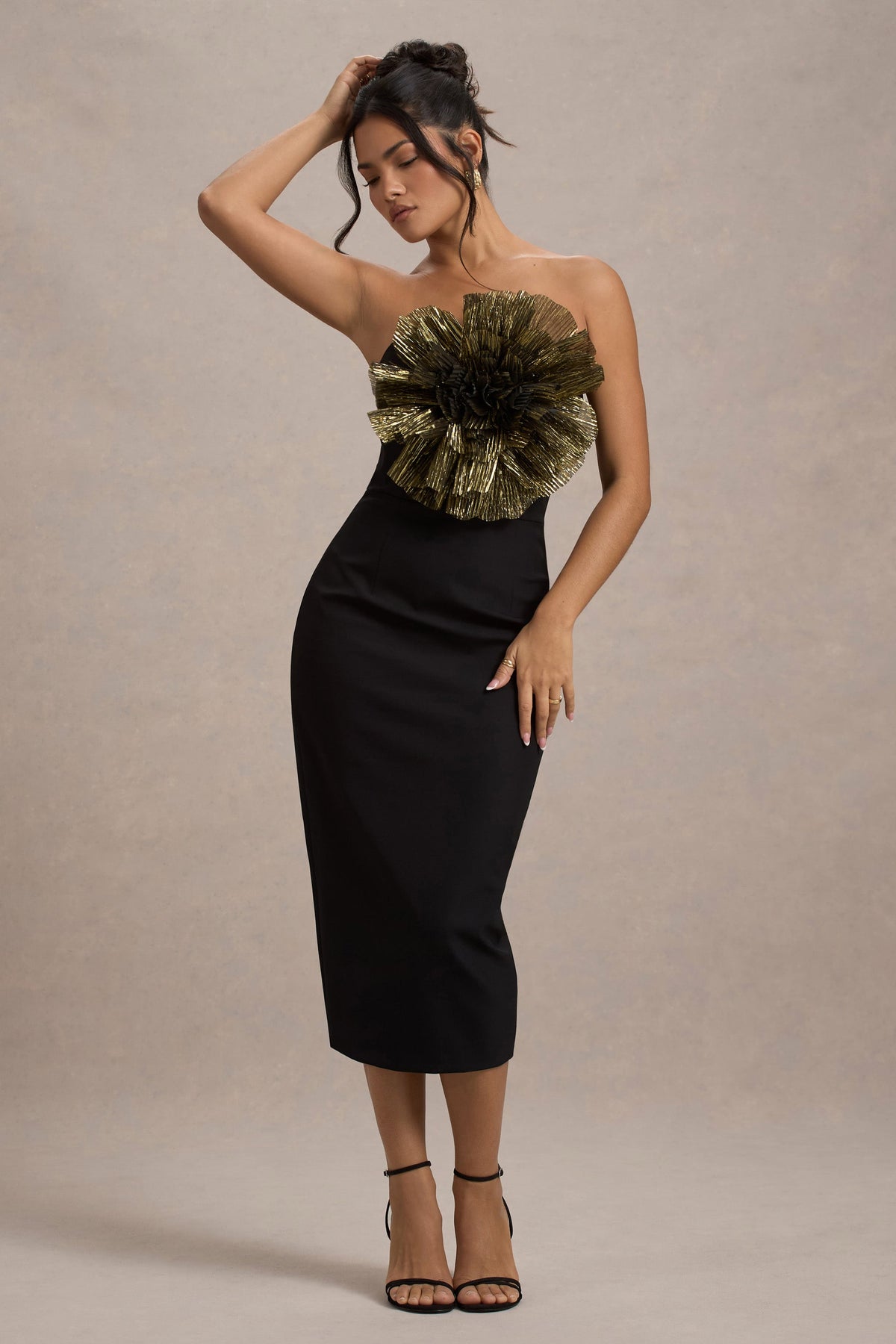 Moya Black & Gold Bodycon Midi Dress With Corsage Detail Club L London - USA Moya Black & Gold Bodycon Midi Dress With Corsage Detail Club L London - USA