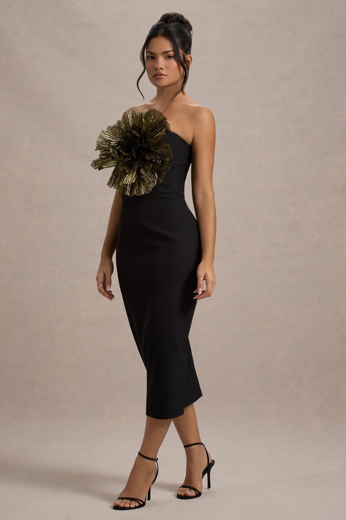 Moya Black & Gold Bodycon Midi Dress With Corsage Detail Club L London - USA Moya Black & Gold Bodycon Midi Dress With Corsage Detail Club L London - USA
